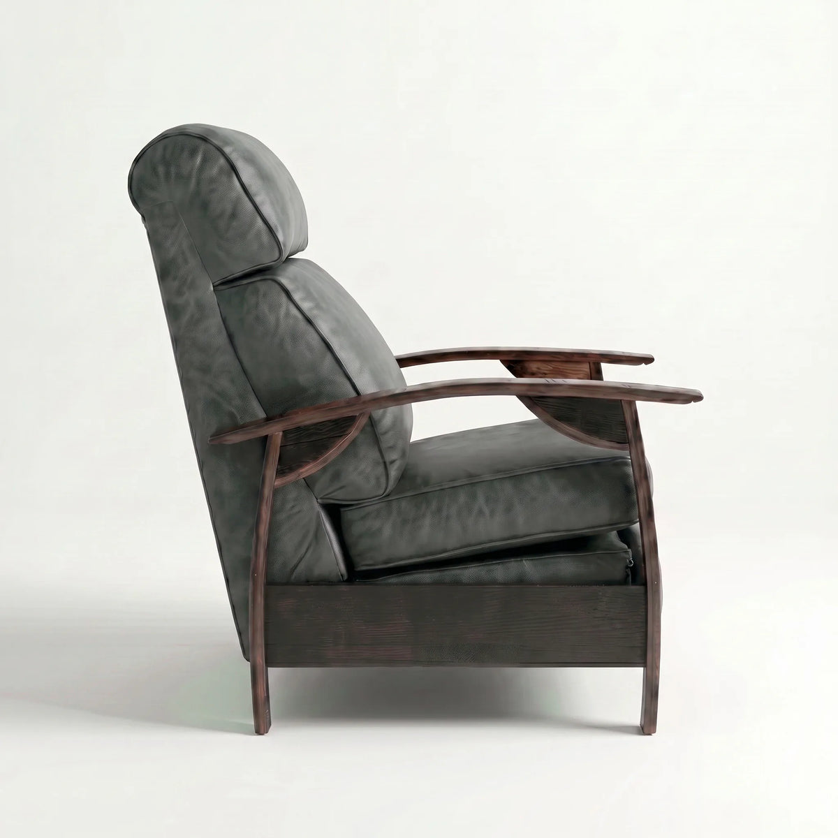 Side profile of the Extra Tall slate gray leather whiskey barrel recliner, upright and closed, on a white background
