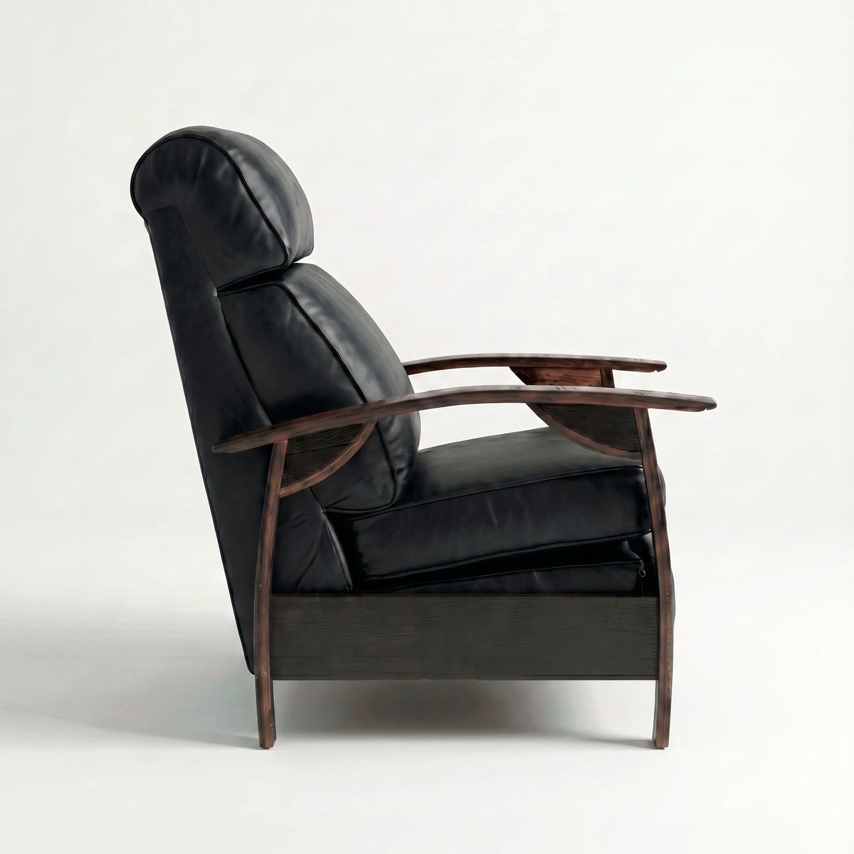 Side profile of the Big & Tall black leather whiskey barrel recliner, upright and closed, on a white background