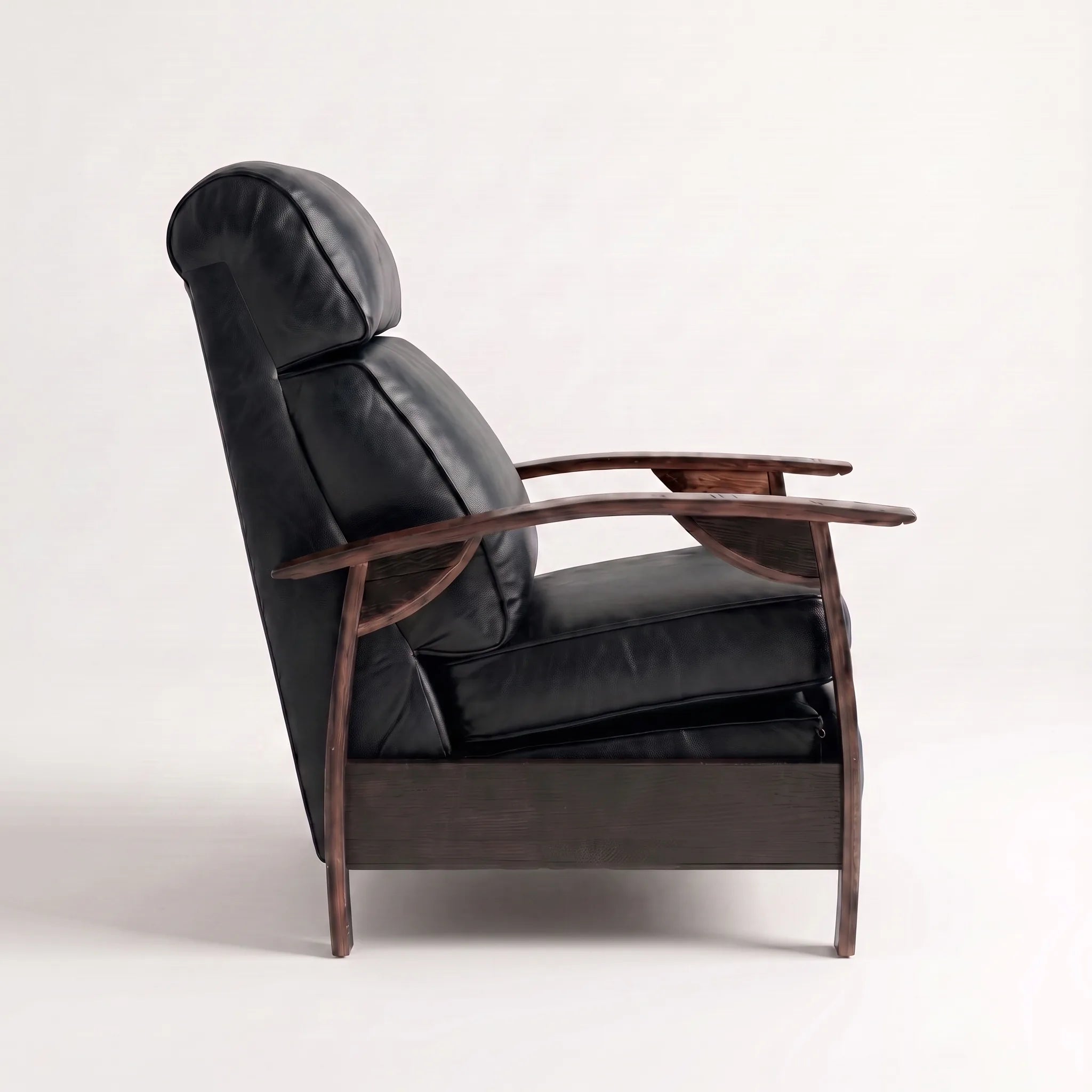 Side profile of the Big & Tall black leather whiskey barrel recliner, upright and closed, on a white background