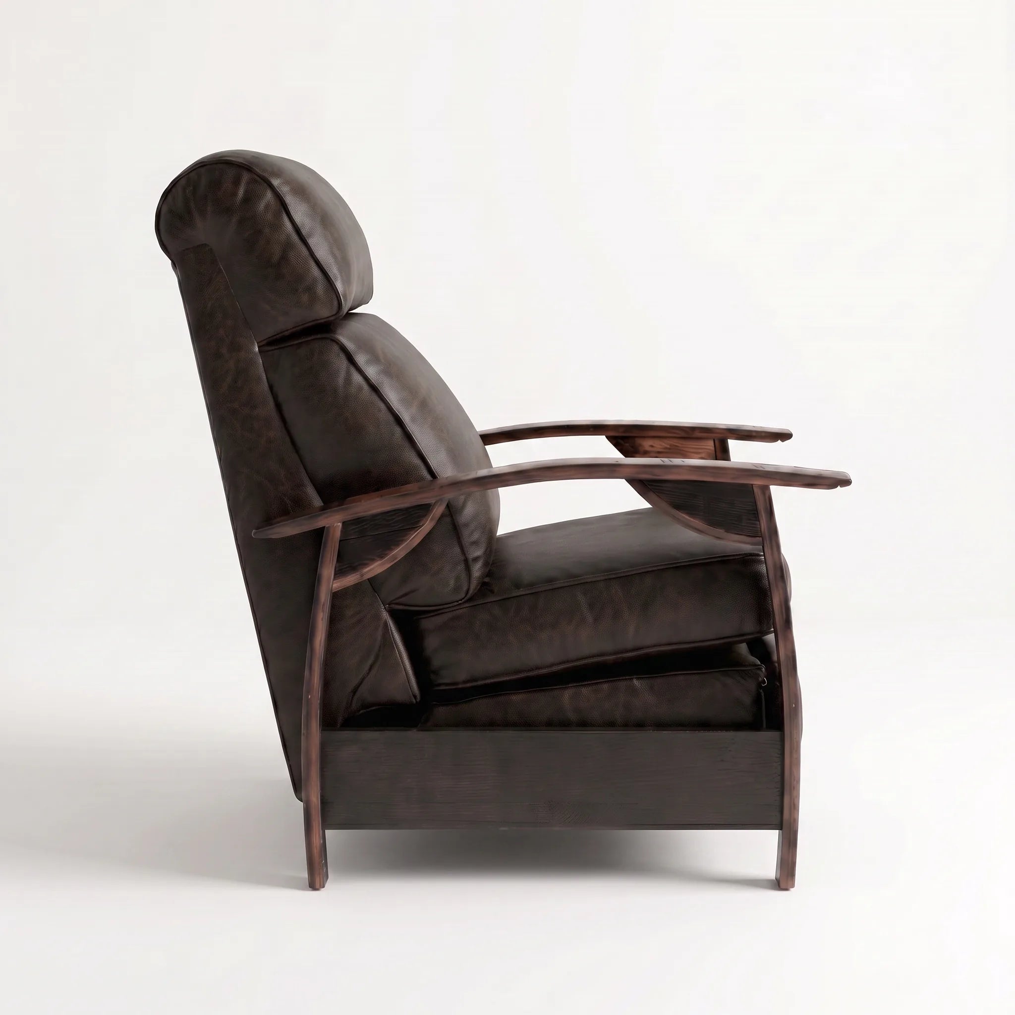 Side profile of the Big & Tall cognac brown leather whiskey barrel recliner, upright and closed, on a white background