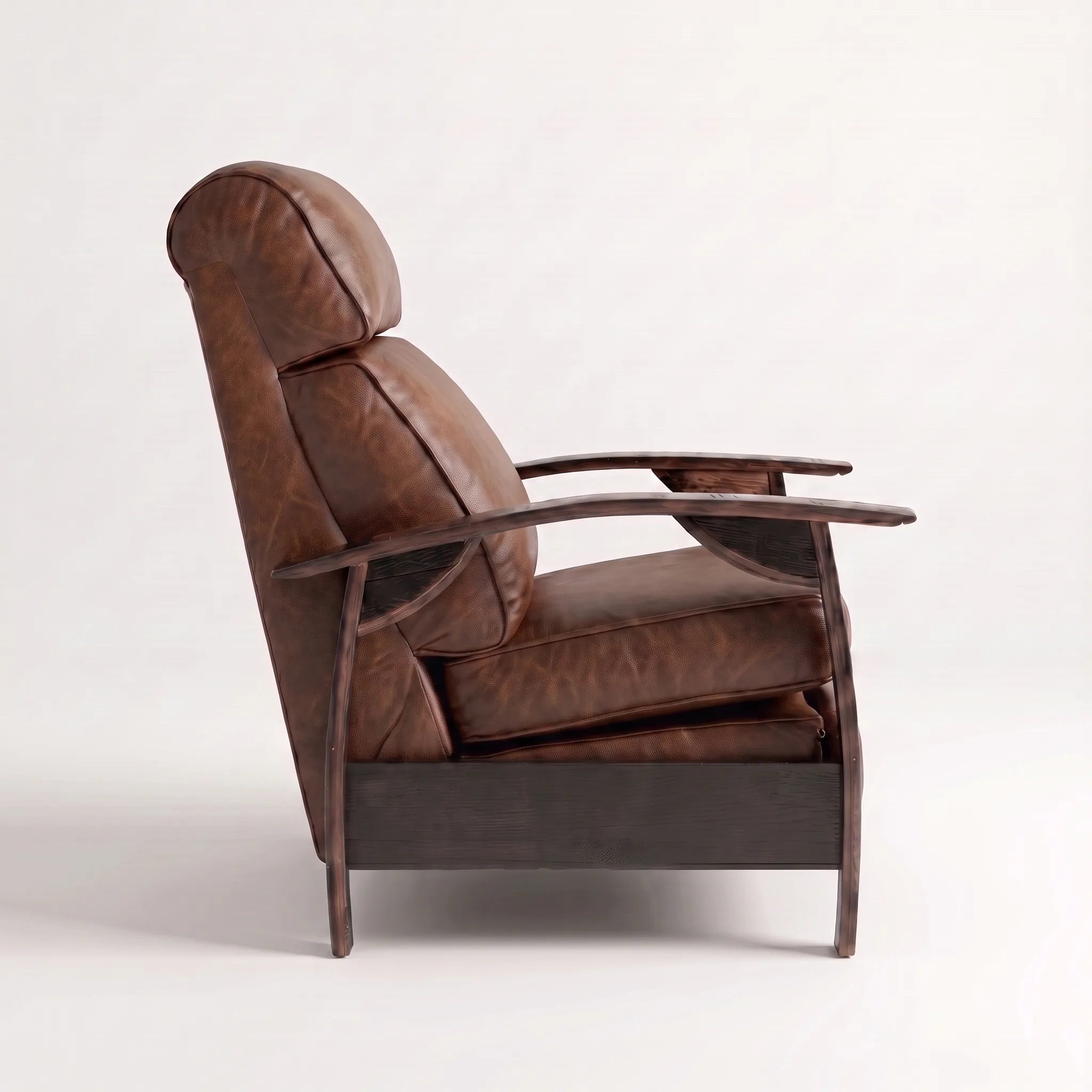 Side profile of the Big & Tall whiskey-brown leather whiskey barrel recliner, upright and closed, on a white background