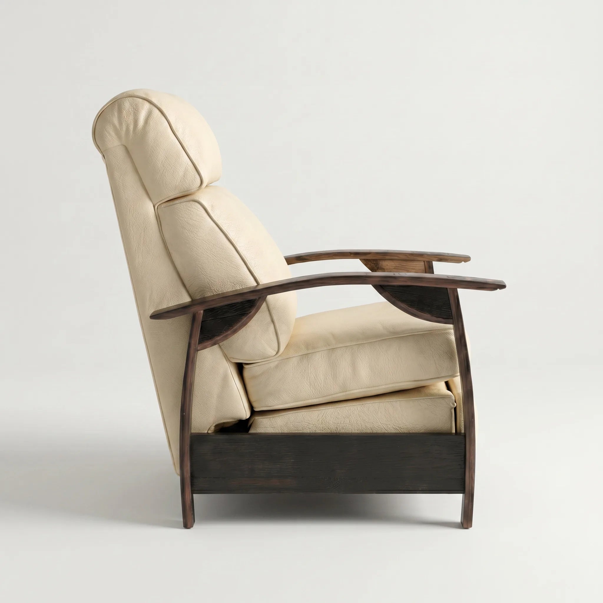 Side profile of the cream ivory leather whiskey barrel recliner, upright and closed, on a white background