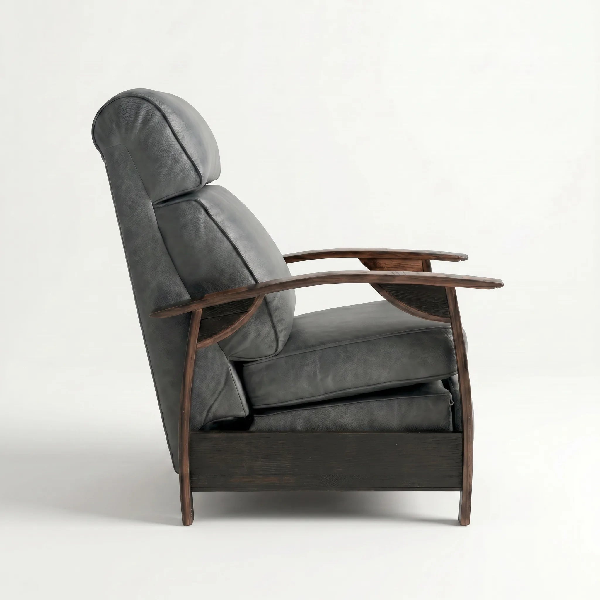Side profile of the slate gray leather whiskey barrel recliner, upright and closed, on a white background