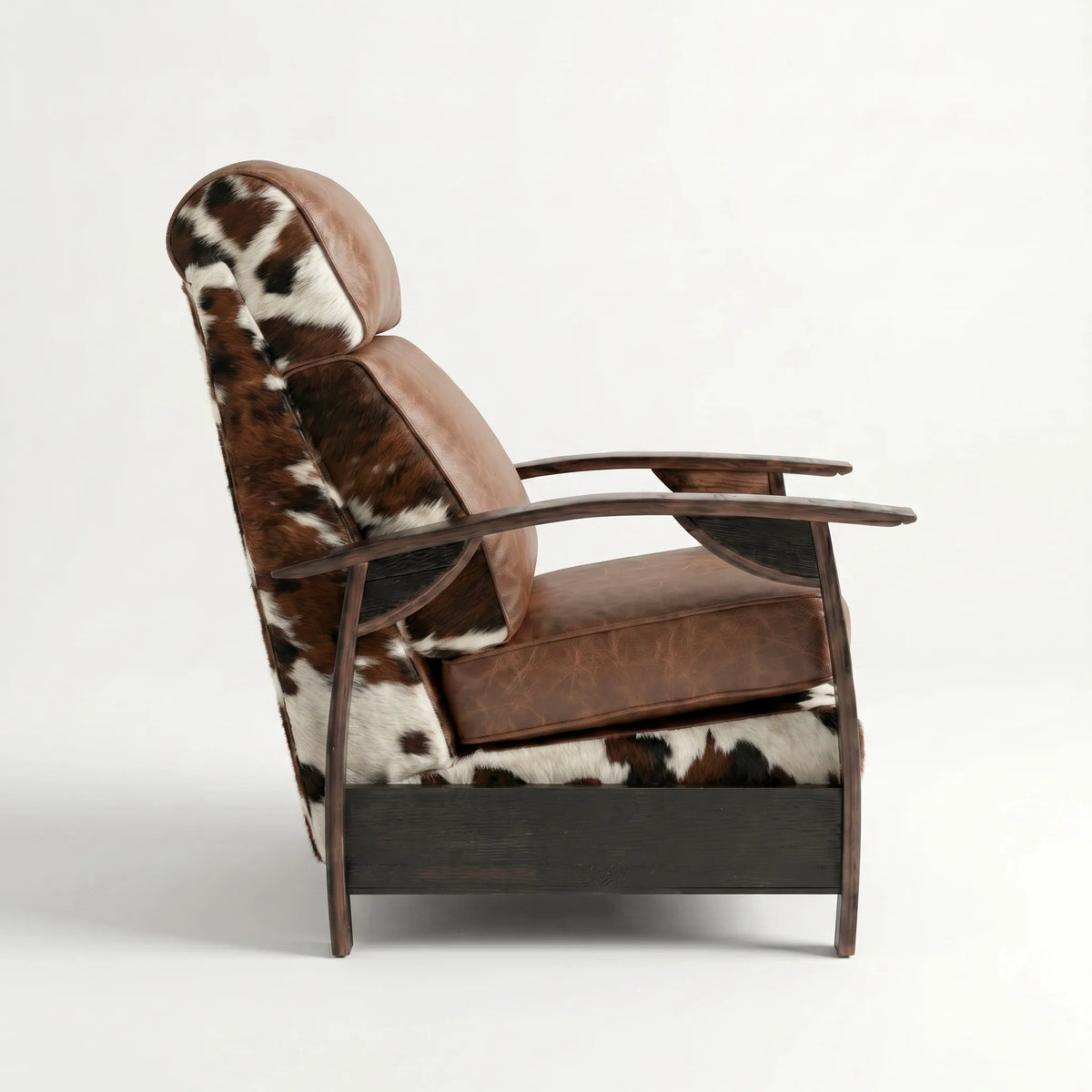 Side profile of the tri-color cowhide whiskey barrel recliner, upright and closed, on a white background