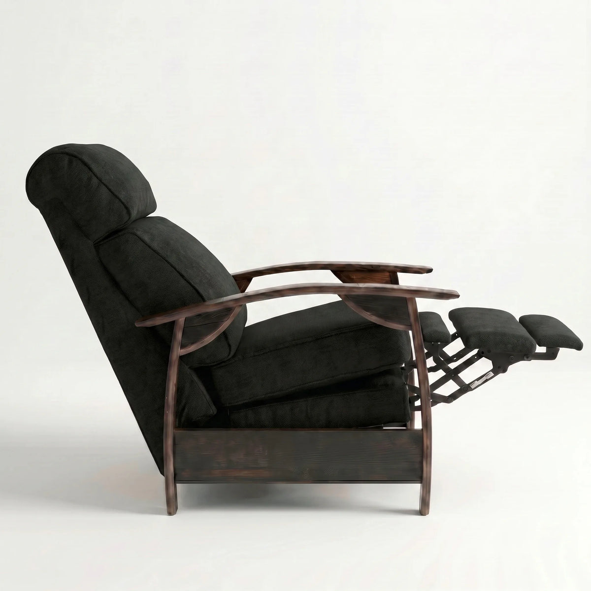 Side view of the Extra Tall black plush fabric whiskey barrel recliner partly reclined with footrest out, on a white background