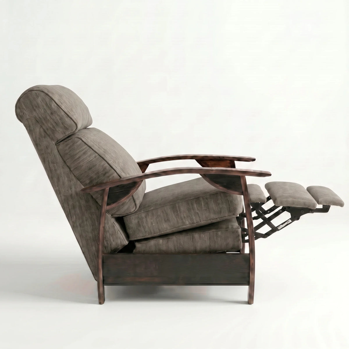 Side view of the Extra Tall coffee brown plush fabric whiskey barrel recliner partly reclined with footrest out, on a white background