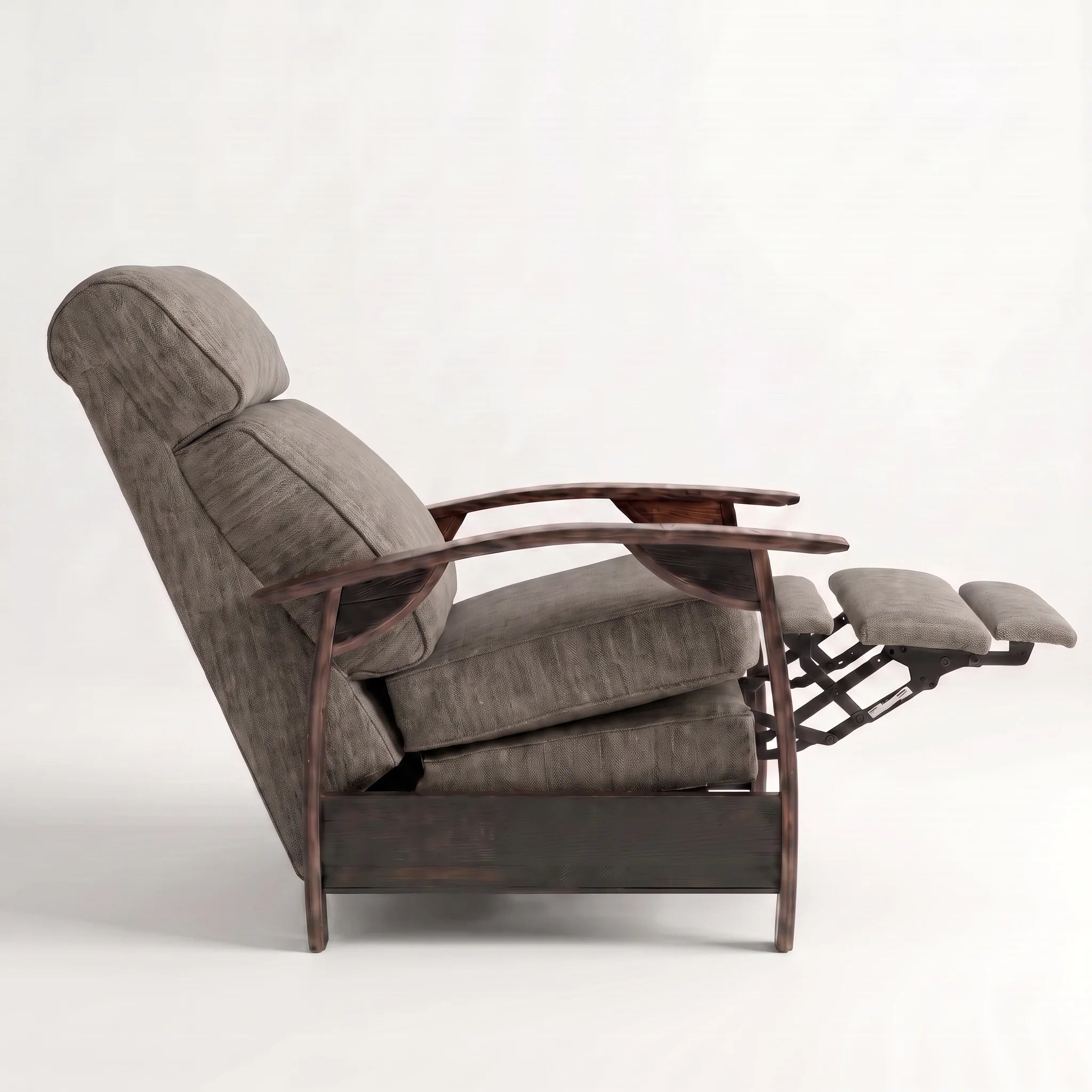 Side view of the Big & Tall coffee brown plush fabric whiskey barrel recliner partly reclined with footrest out, on a white background