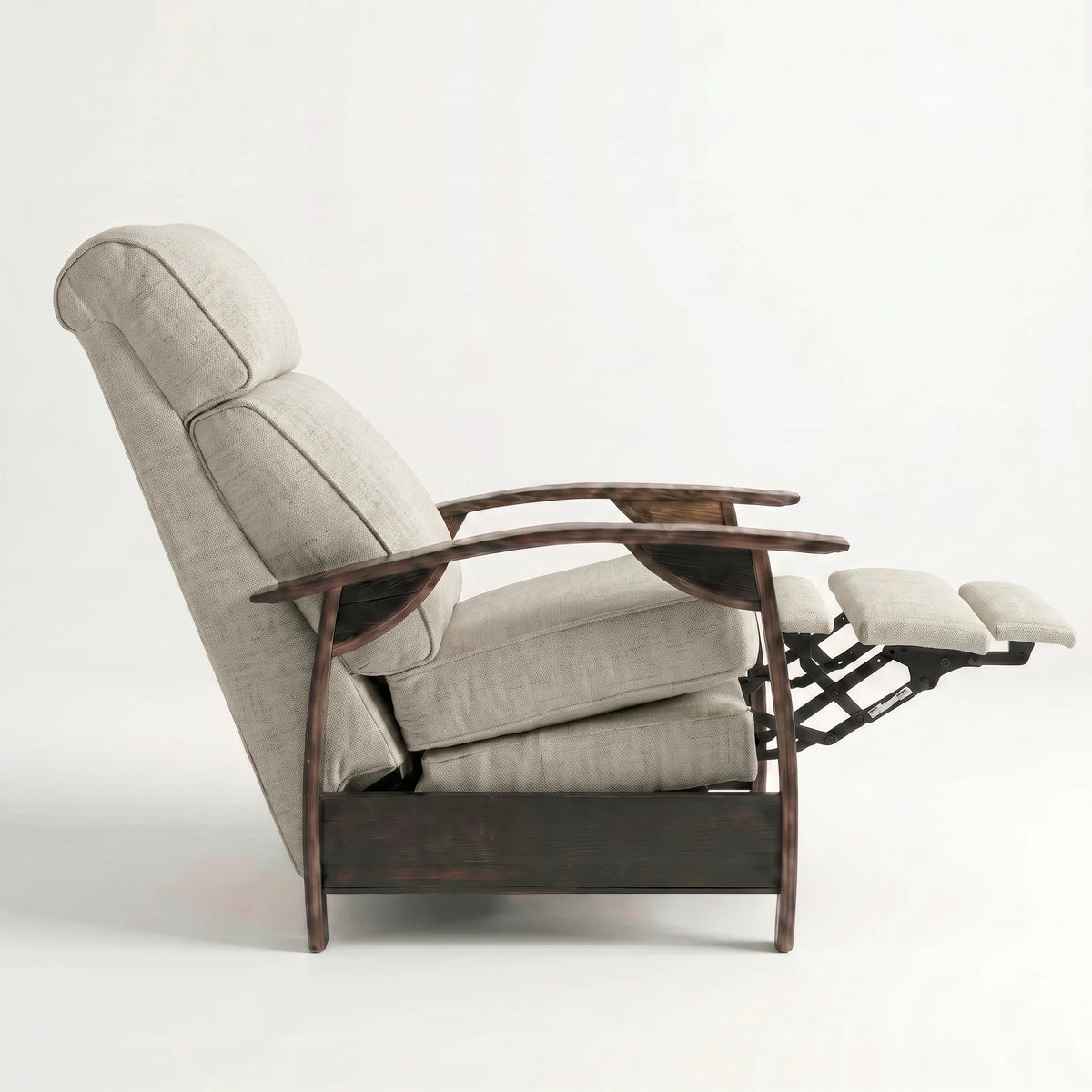 Side view of the Extra Tall oatmeal gray plush fabric whiskey barrel recliner partly reclined with footrest out, on a white background