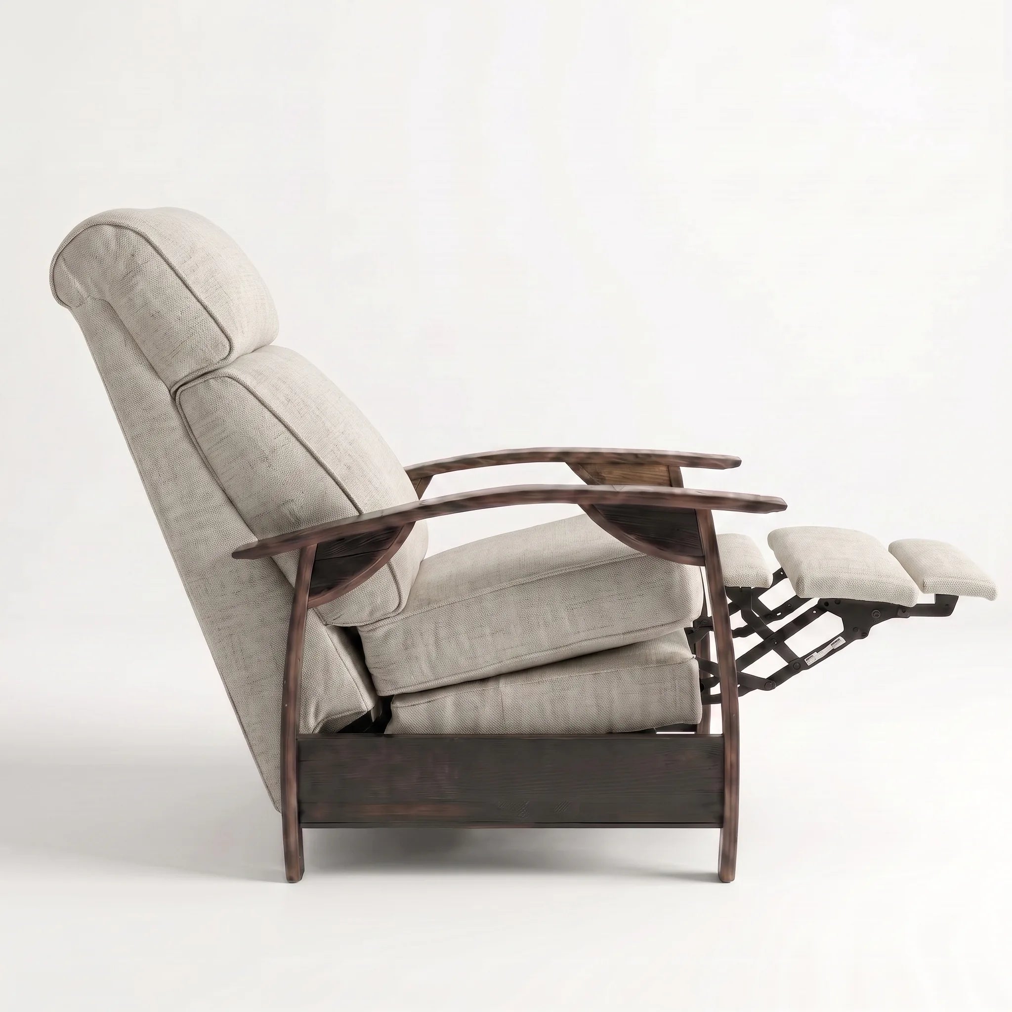 Side view of the Big & Tall oatmeal gray plush fabric whiskey barrel recliner partly reclined with footrest out, on a white background