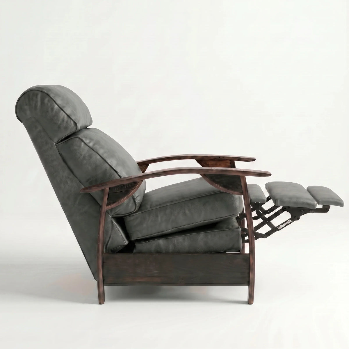 Side view of the Extra Tall slate gray leather whiskey barrel recliner partly reclined with footrest out, on a white background