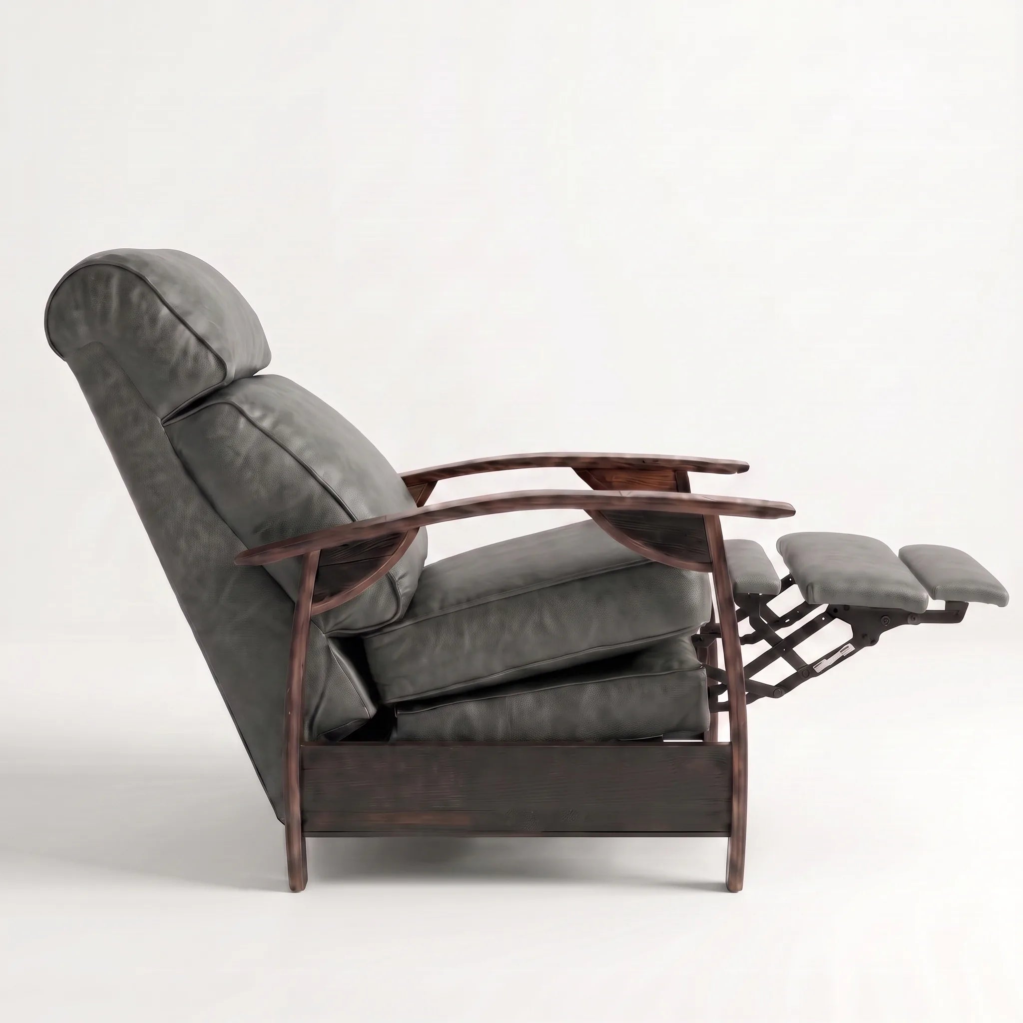 Side view of the Big & Tall slate gray leather whiskey barrel recliner partly reclined with footrest out, on a white background