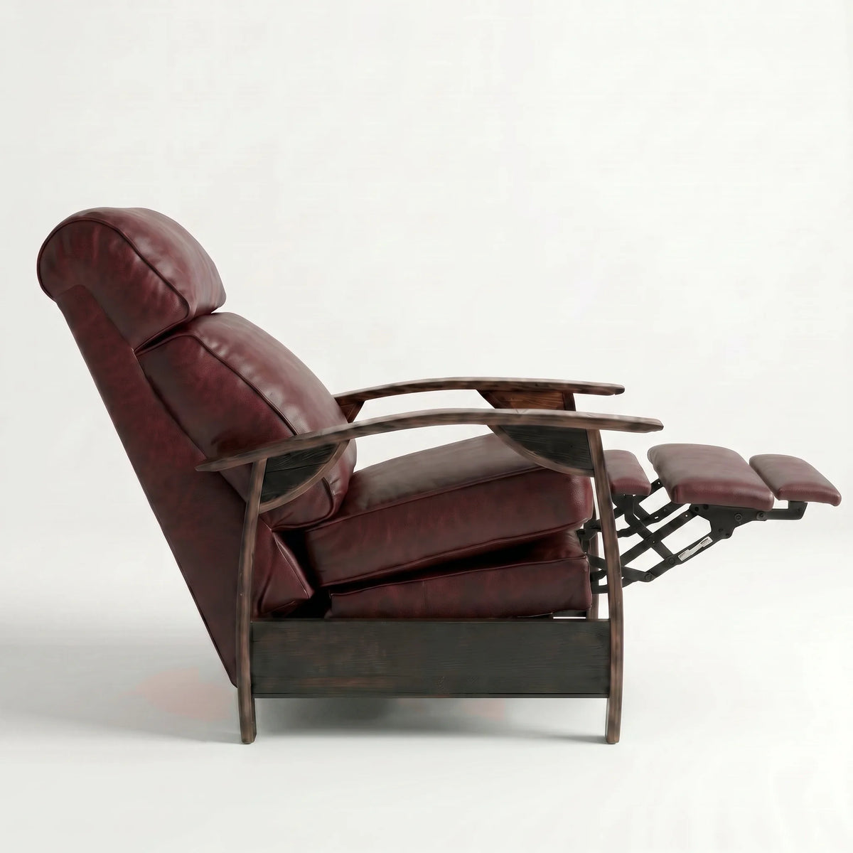 Side view of the Extra Tall oxblood leather whiskey barrel recliner partly reclined with footrest out, on a white background