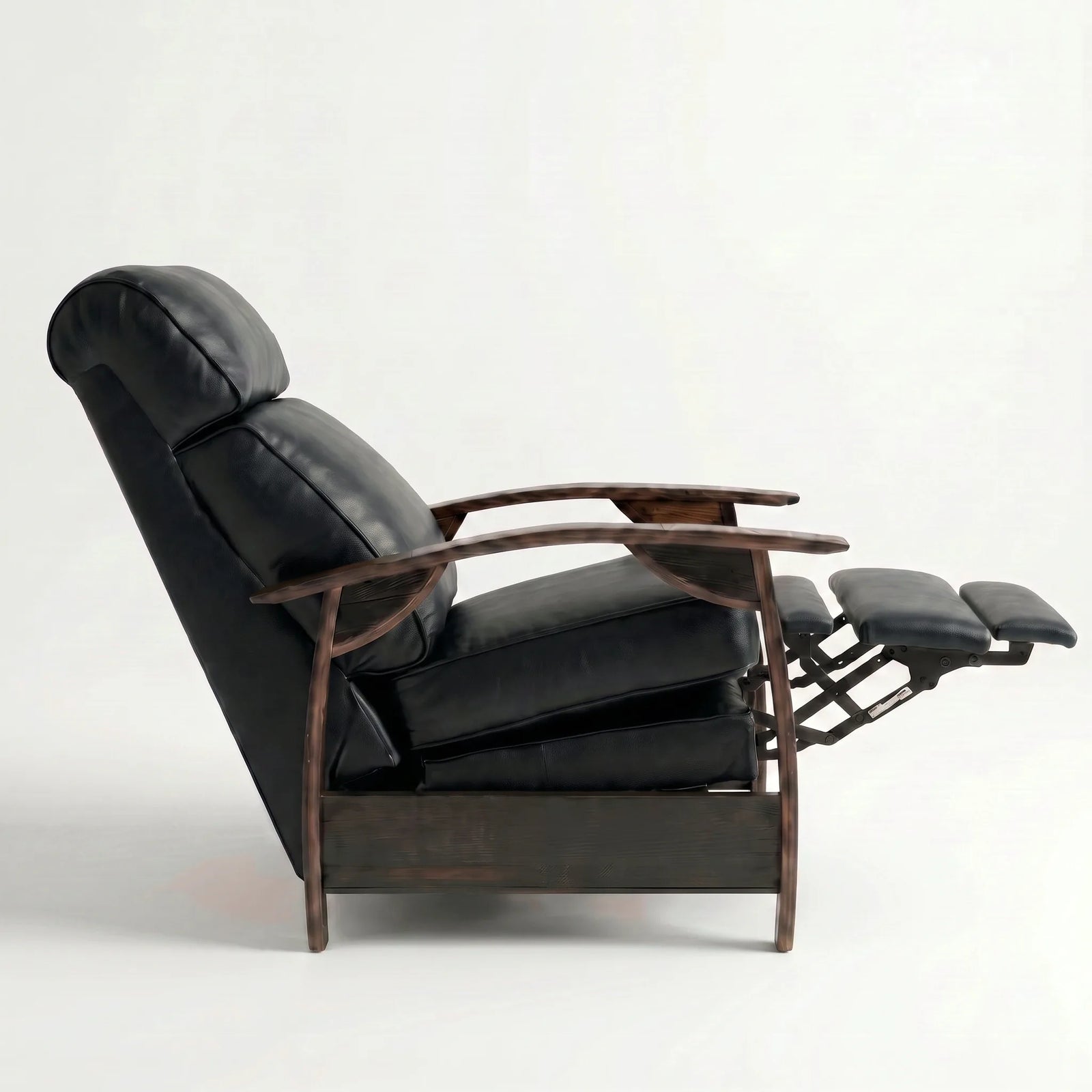 Side view of the Big & Tall black leather whiskey barrel recliner partly reclined with footrest out, on a white background