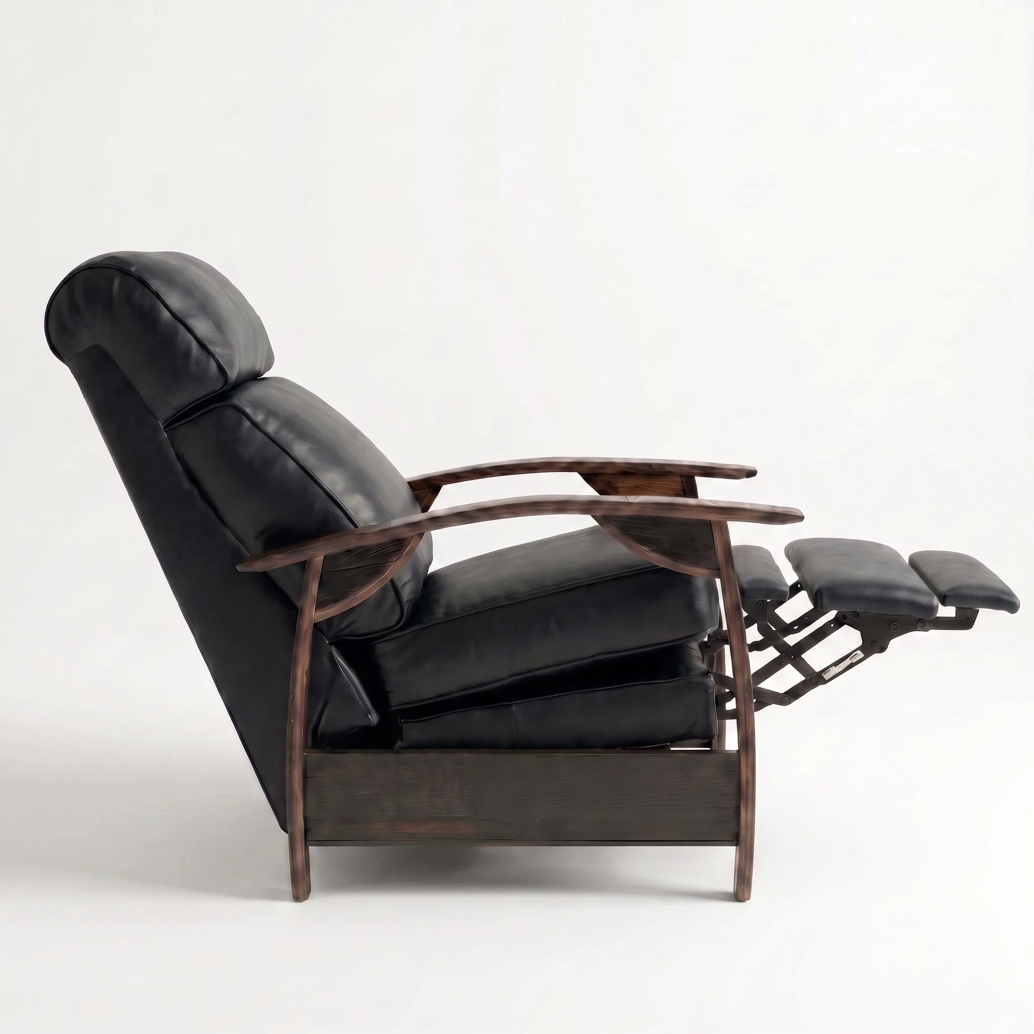 Side view of the Big & Tall black leather whiskey barrel recliner partly reclined with footrest out, on a white background