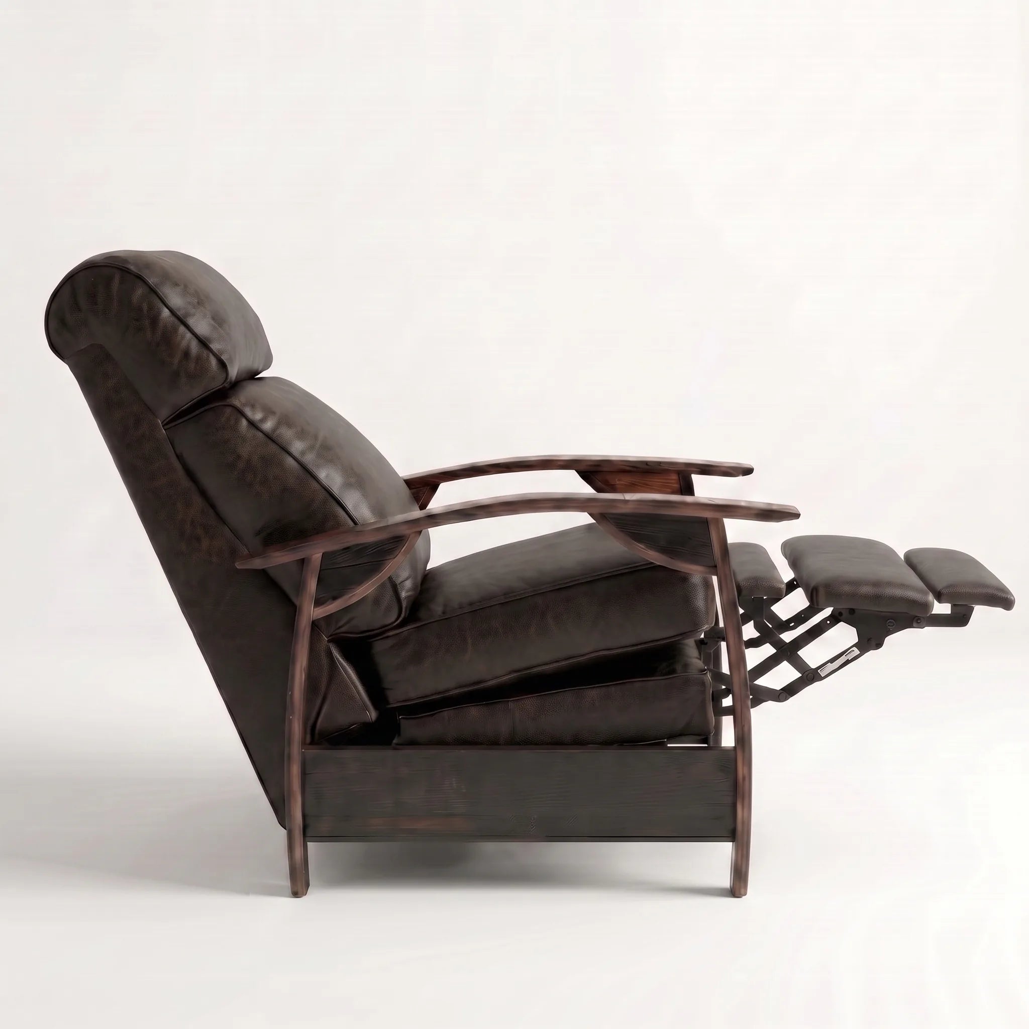 Side view of the Big & Tall cognac brown leather whiskey barrel recliner partly reclined with footrest out, on a white background