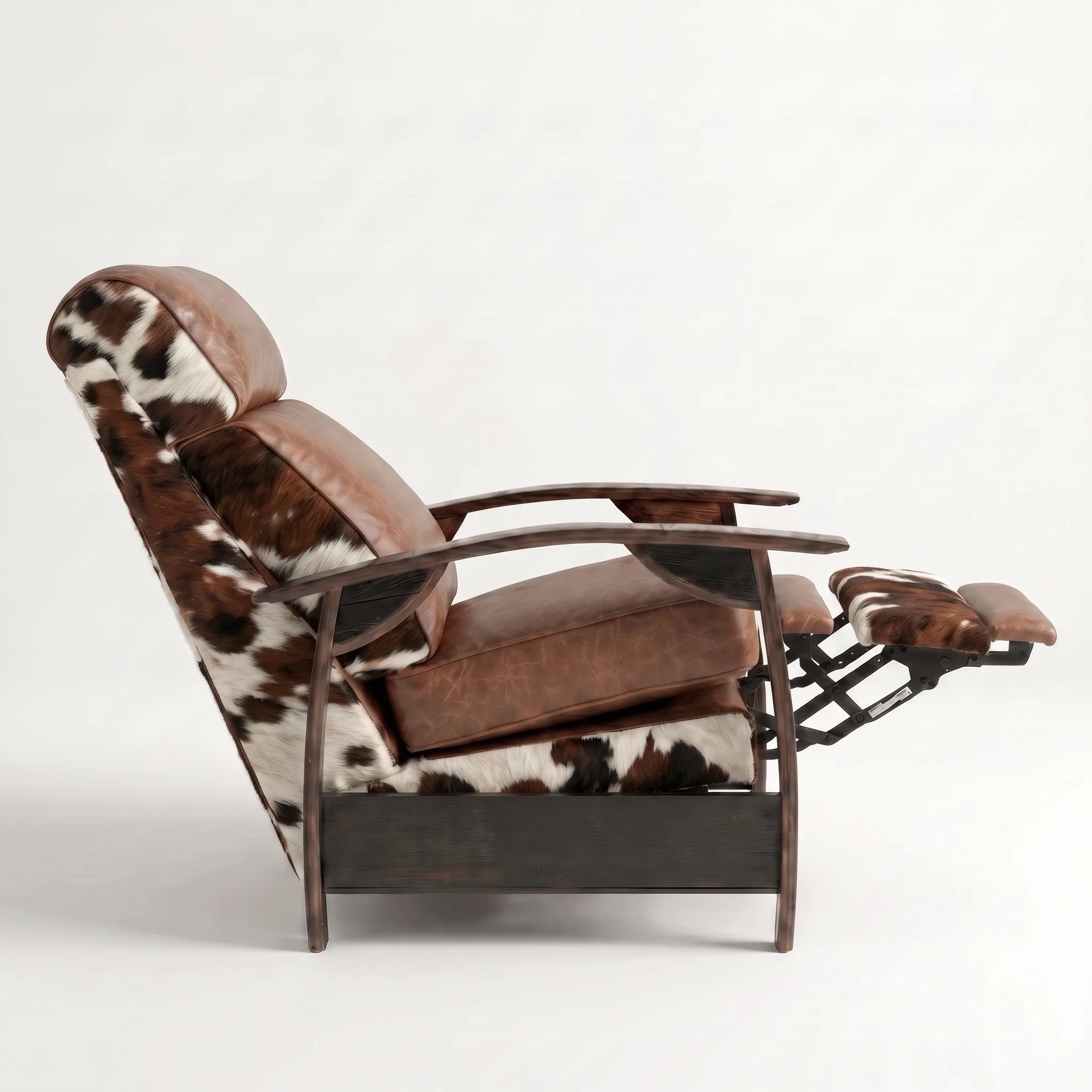 Side view of the Big & Tall tri-color cowhide whiskey barrel recliner partly reclined with footrest out, on a white background