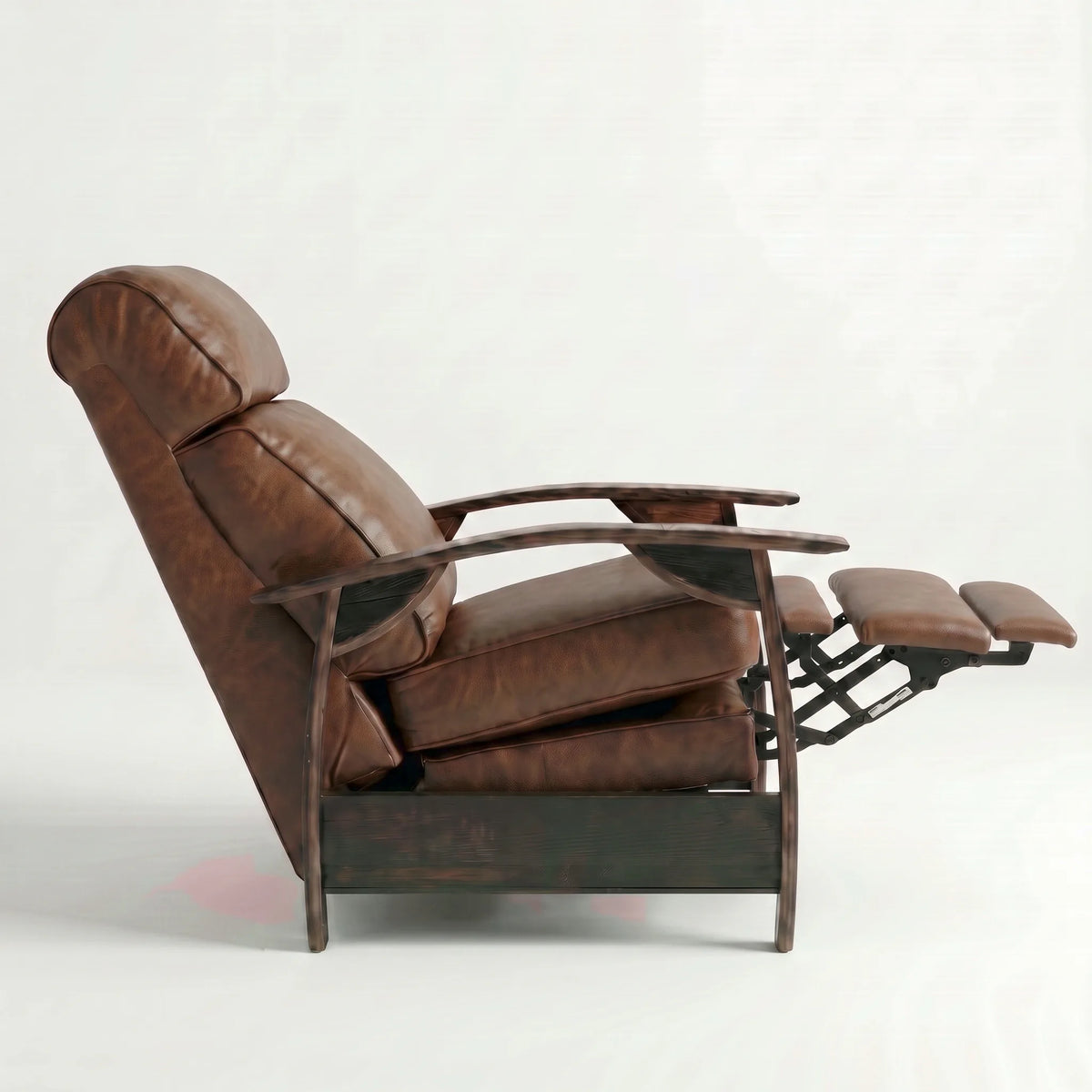Side view of the Extra Tall whiskey-brown leather whiskey barrel recliner partly reclined with footrest out, on a white background