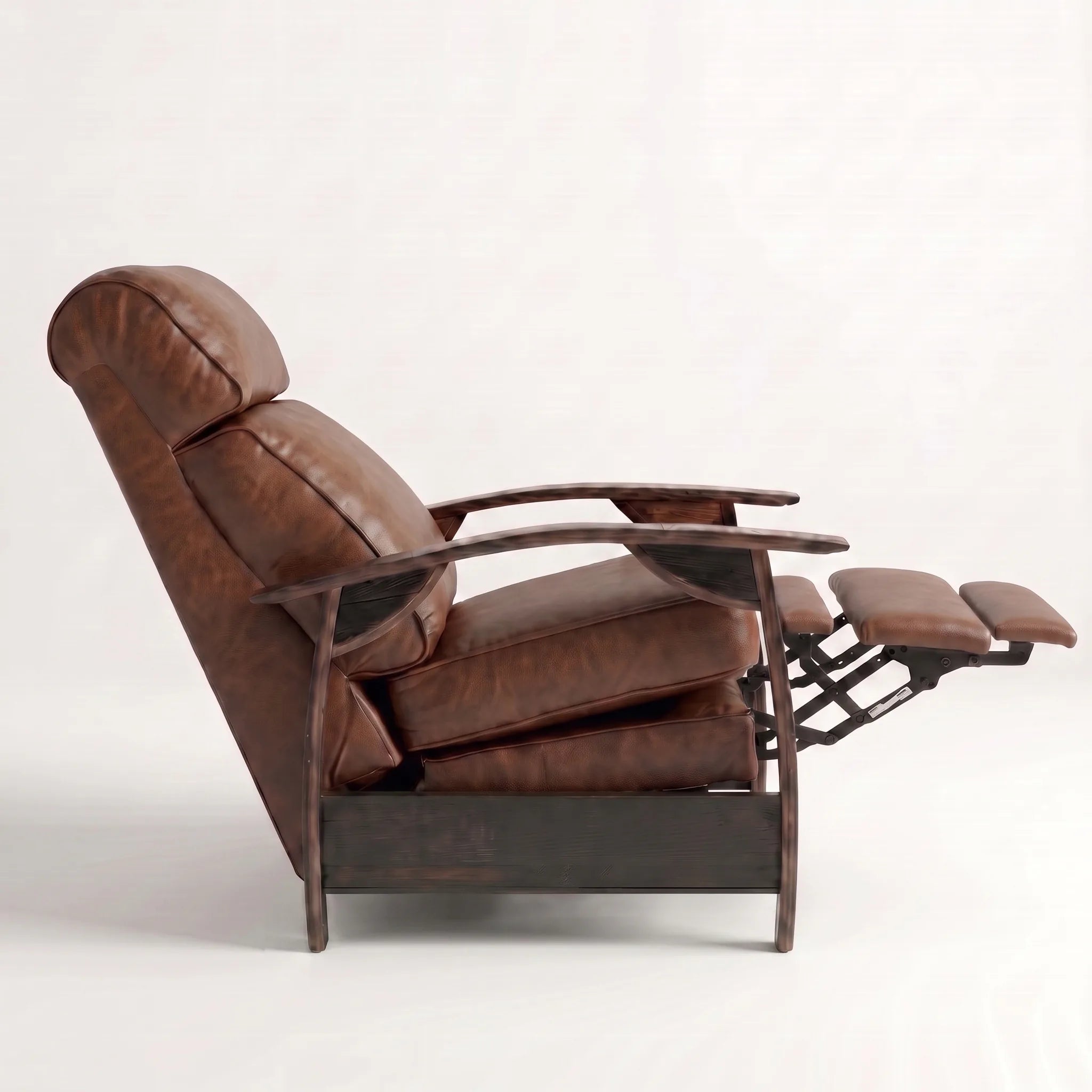 Side view of the Big & Tall whiskey-brown leather whiskey barrel recliner partly reclined with footrest out, on a white background