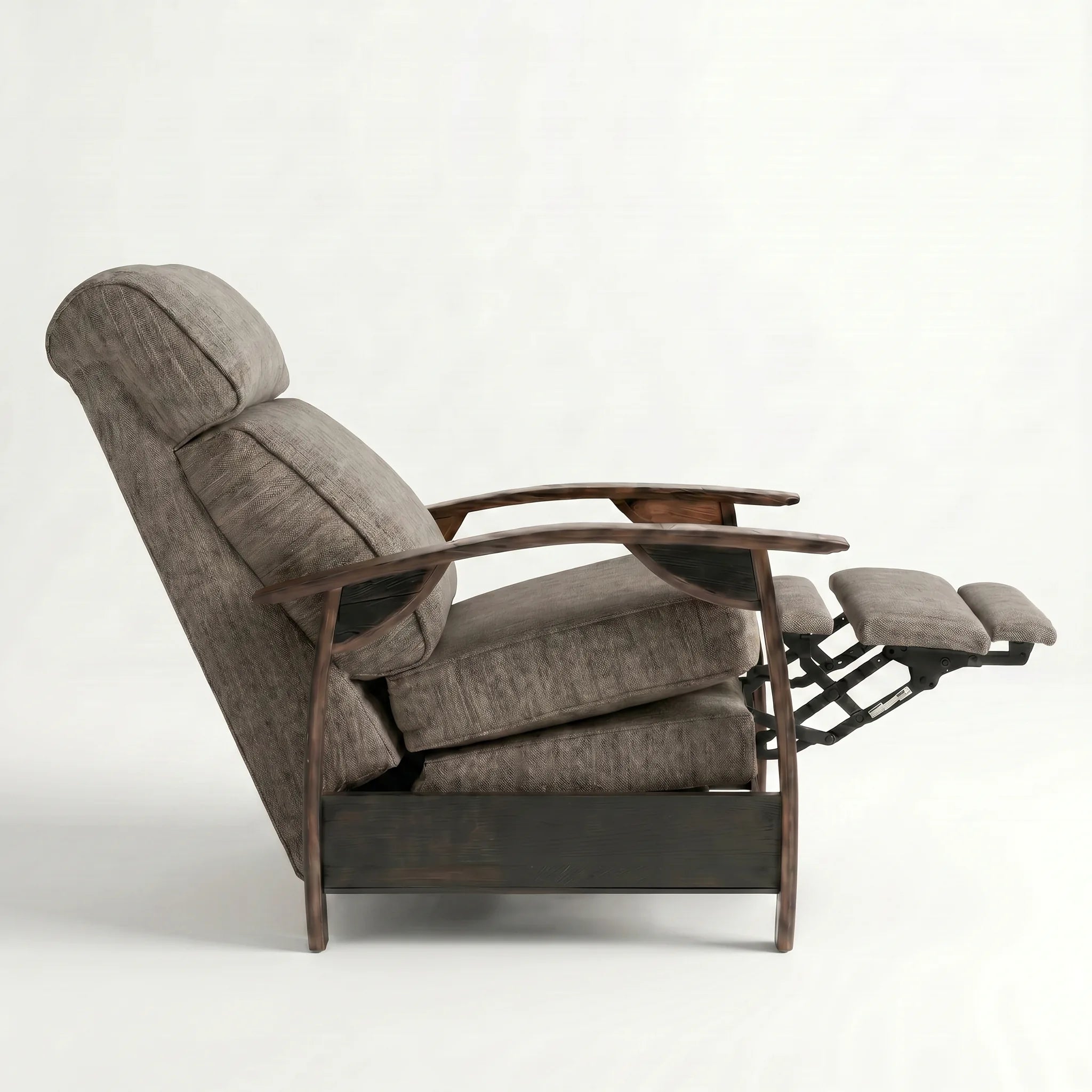 Side view of the coffee brown plush fabric whiskey barrel recliner partly reclined with footrest out, on a white background