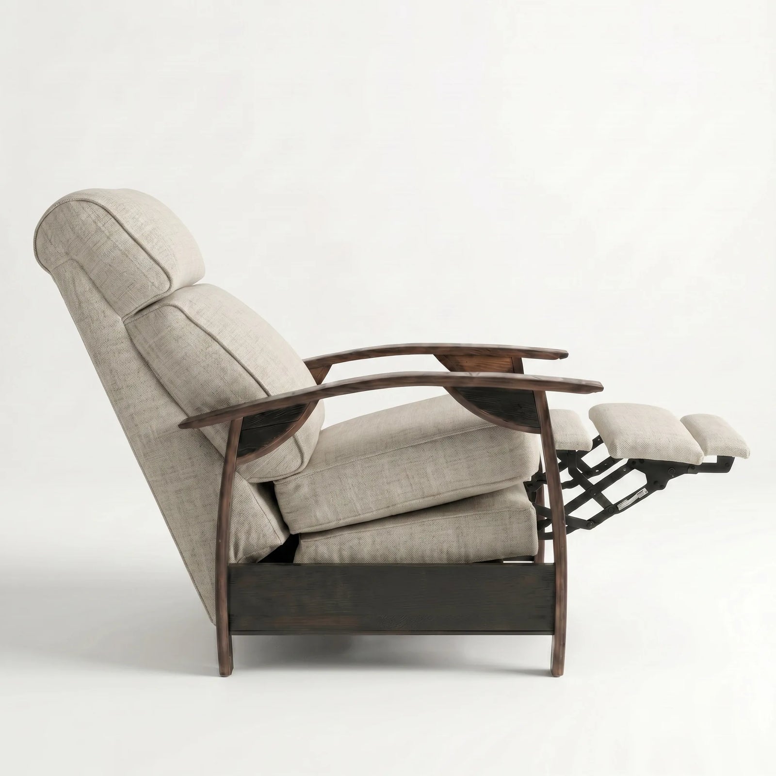 Side view of the oatmeal gray plush fabric whiskey barrel recliner partly reclined with footrest out, on a white background