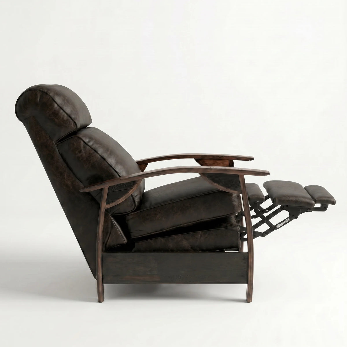 Side view of the cognac brown leather whiskey barrel recliner partly reclined with footrest out, on a white background