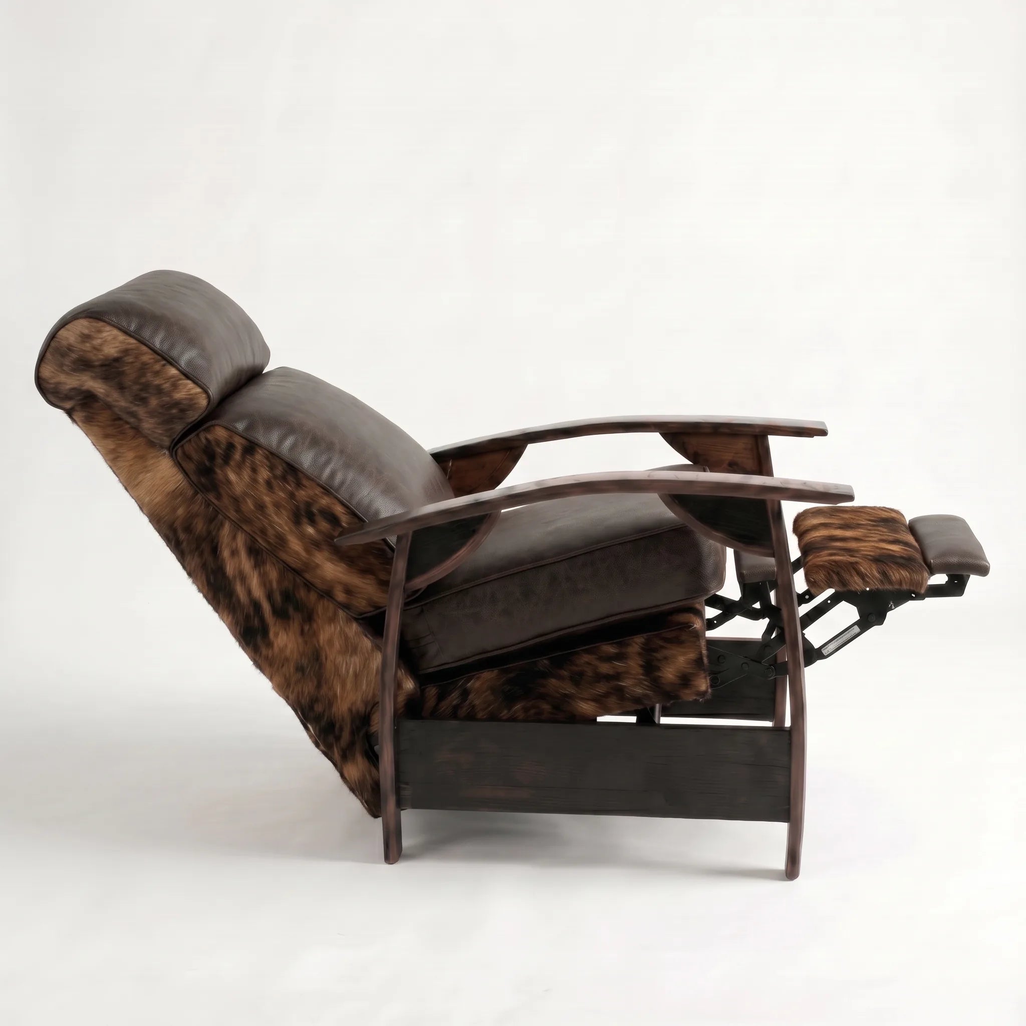 Side view of the Big & Tall brindle cowhide whiskey barrel recliner fully reclined, on a white background