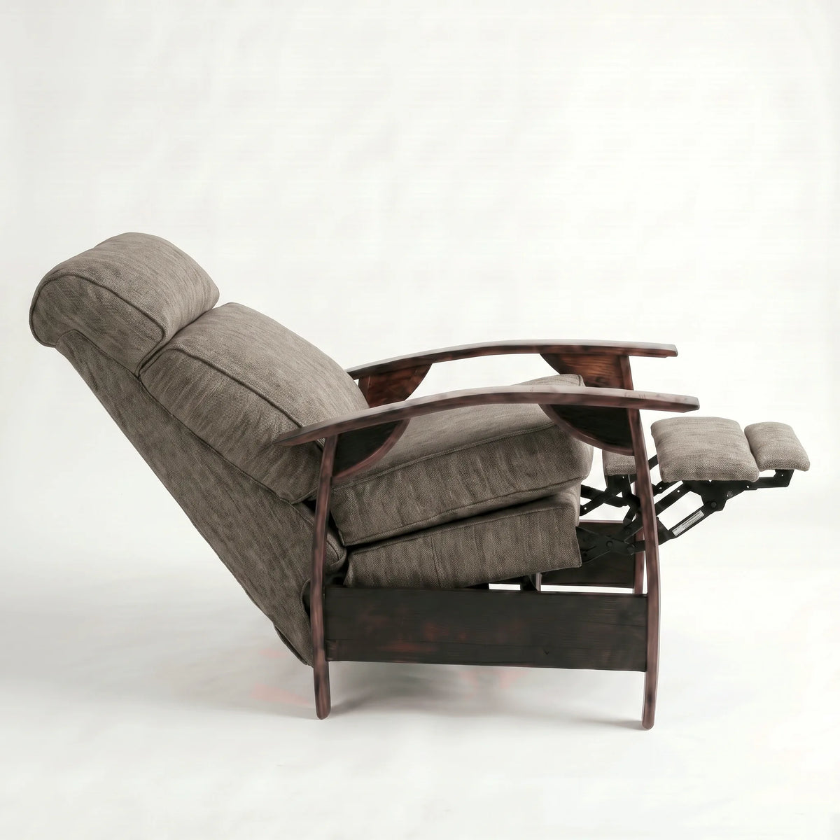 Side view of the Extra Tall coffee brown plush fabric whiskey barrel recliner fully reclined, on a white background