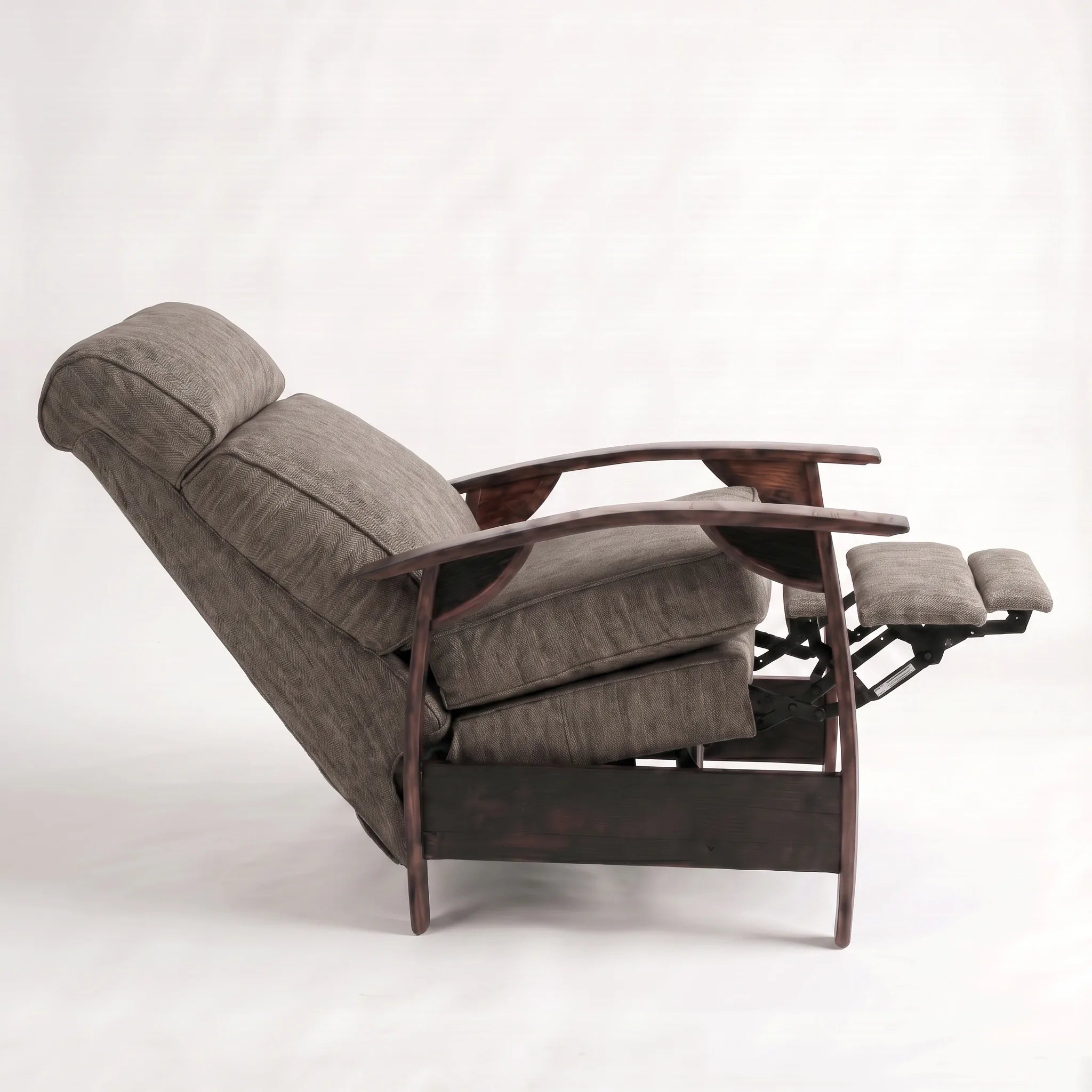 Side view of the Big & Tall coffee brown plush fabric whiskey barrel recliner fully reclined, on a white background