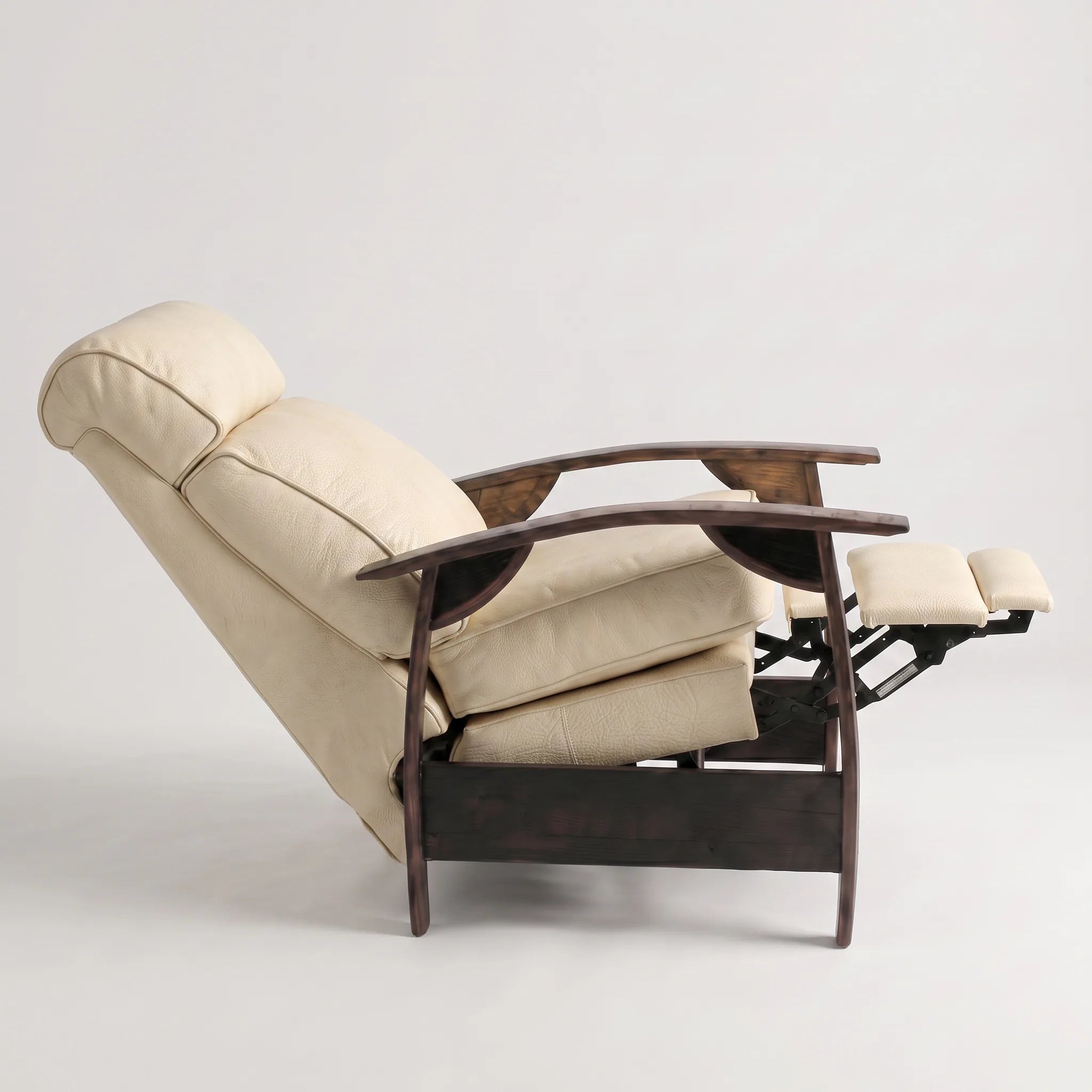 Side view of the Big & Tall cream ivory leather whiskey barrel recliner fully reclined, on a white background