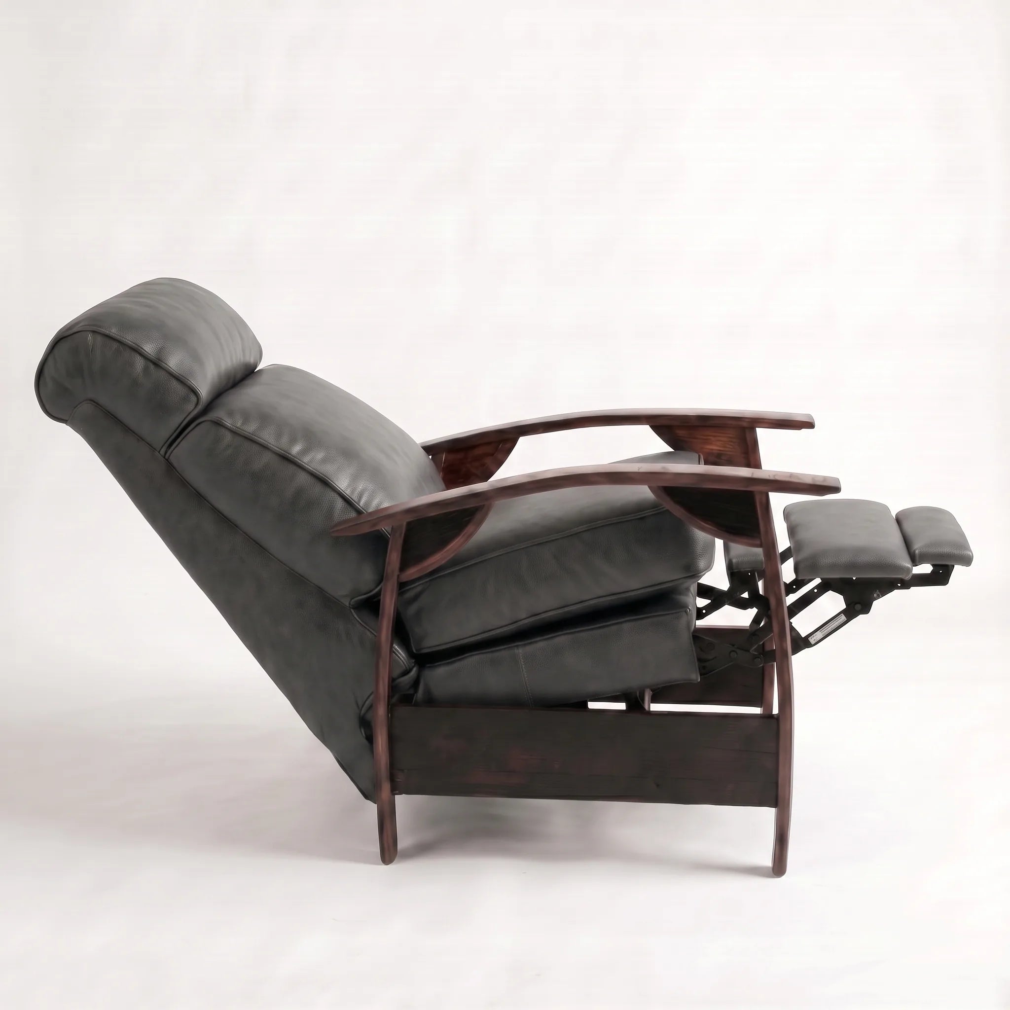Side view of the Big & Tall slate gray leather whiskey barrel recliner fully reclined, on a white background