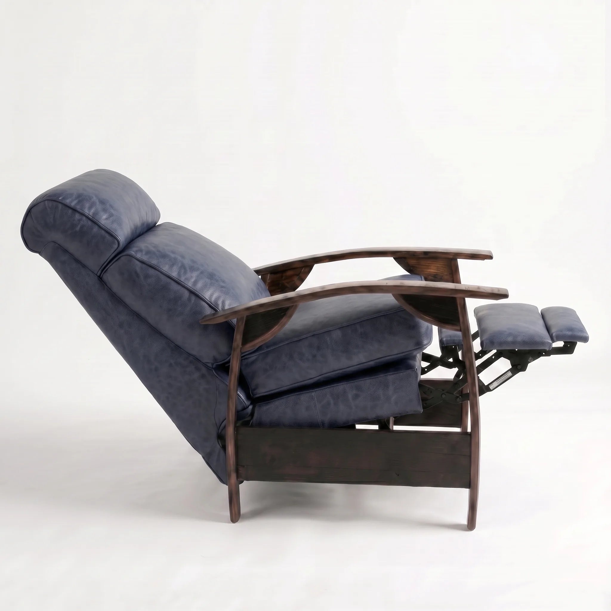 Side view of the Big & Tall denim blue leather whiskey barrel recliner fully reclined, on a white background