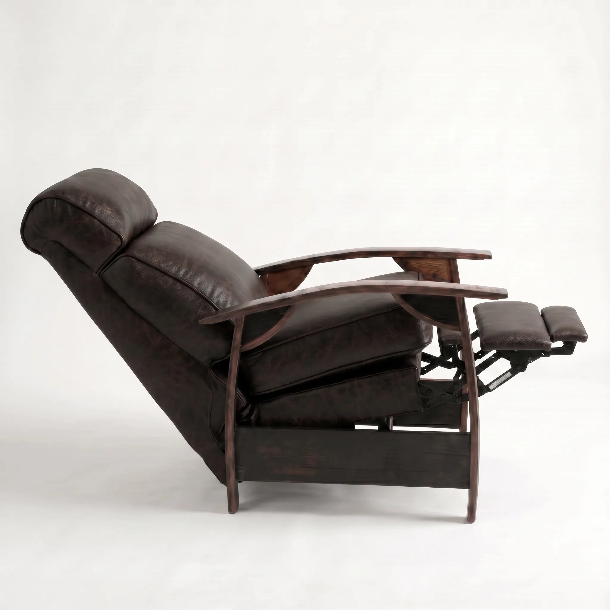 Side view of the Big & Tall cognac brown leather whiskey barrel recliner fully reclined, on a white background