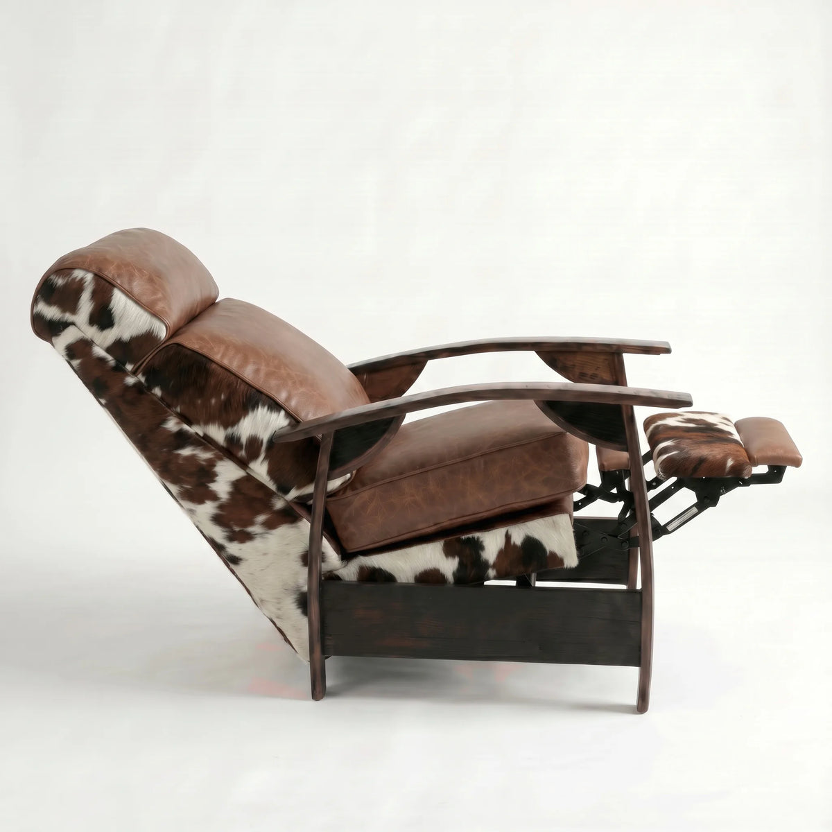 Side view of the Extra Tall tri-color cowhide whiskey barrel recliner fully reclined, on a white background