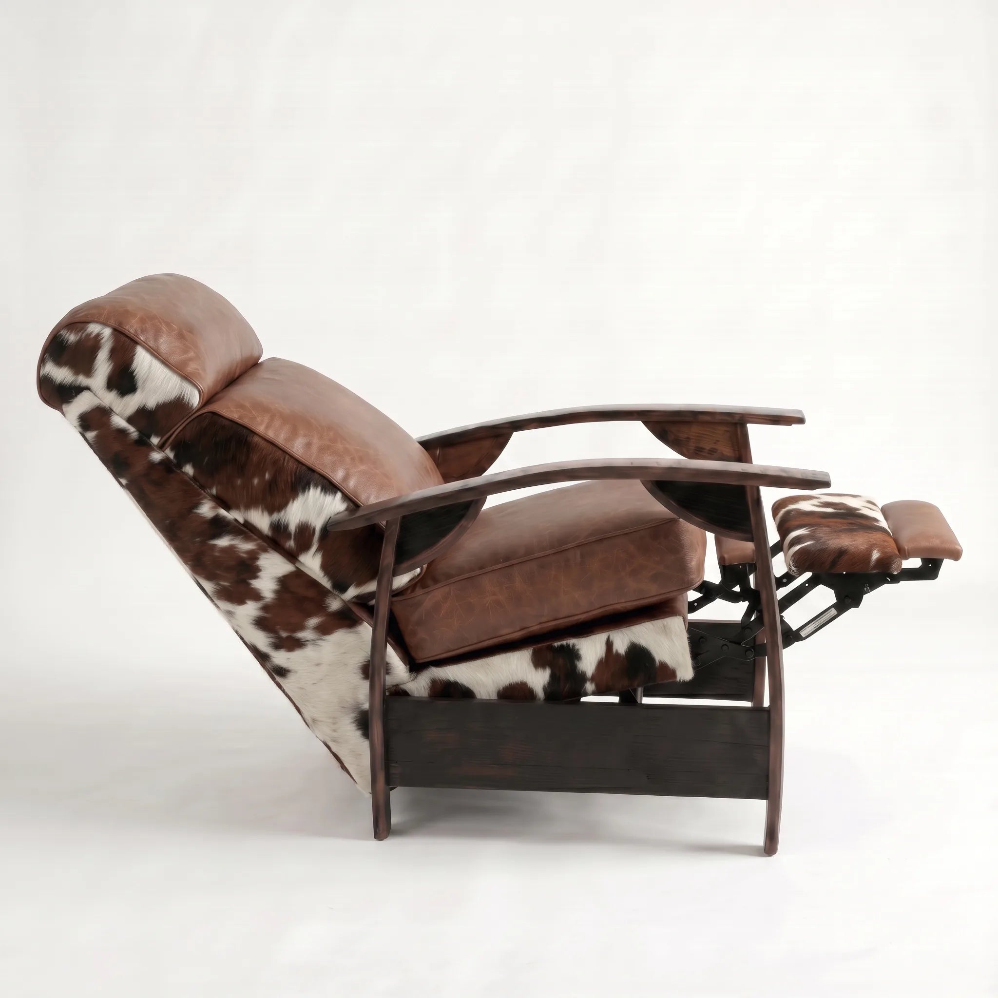 Side view of the Big & Tall tri-color cowhide whiskey barrel recliner fully reclined, on a white background