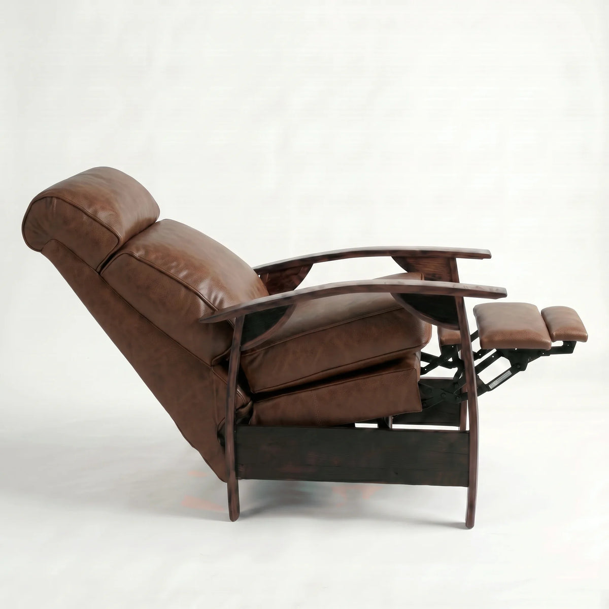 Side view of the Extra Tall whiskey-brown leather whiskey barrel recliner fully reclined, on a white background