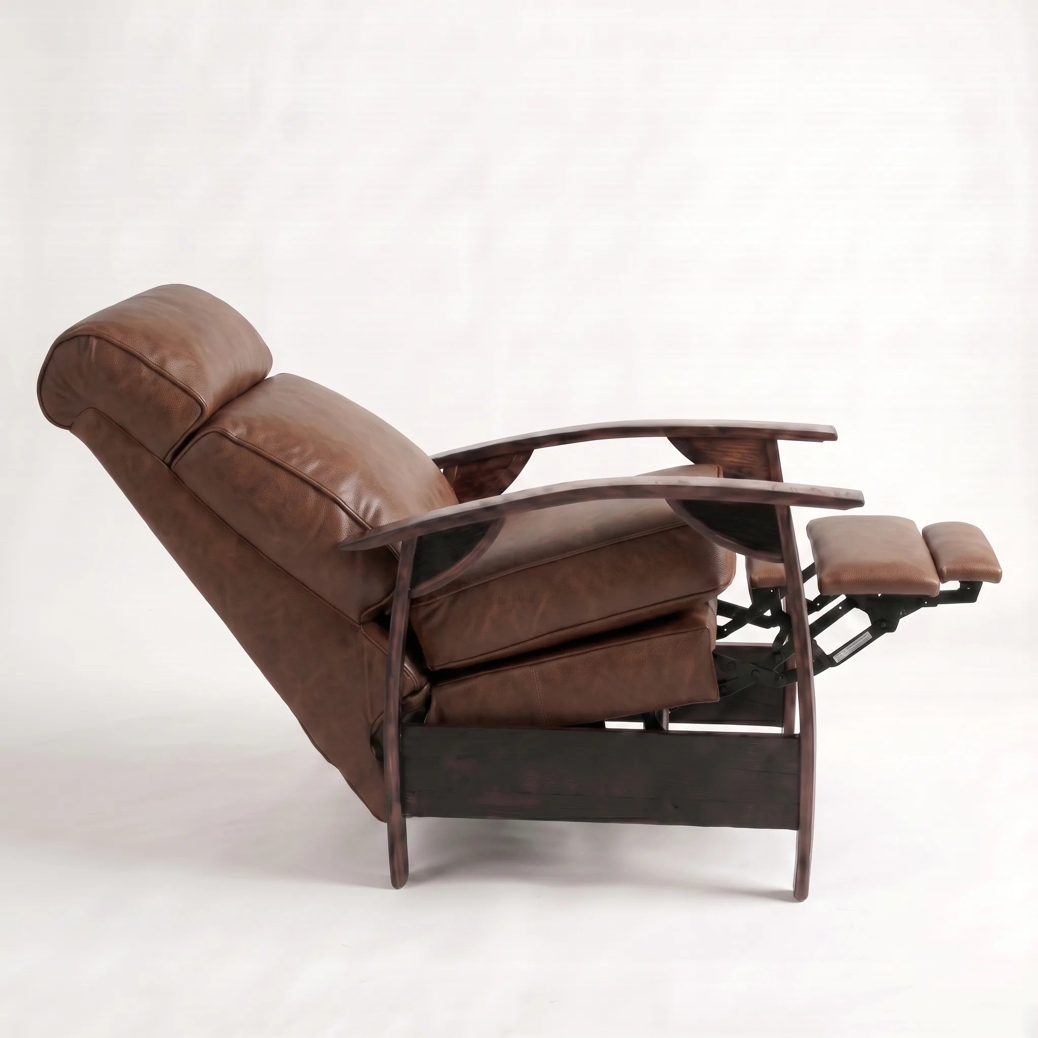 Side view of the Big & Tall whiskey-brown leather whiskey barrel recliner fully reclined, on a white background
