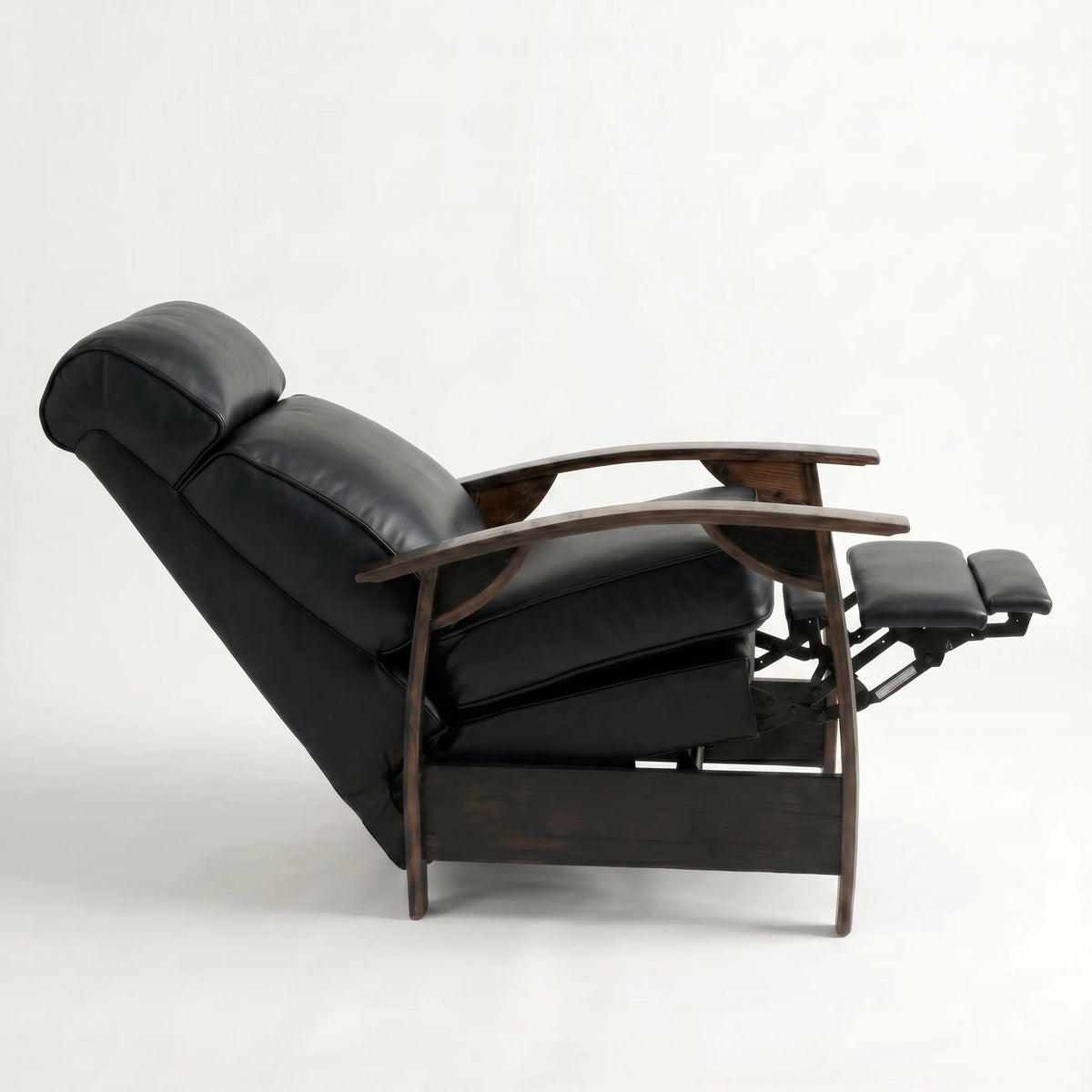 Side view of the black leather whiskey barrel recliner fully reclined, on a white background