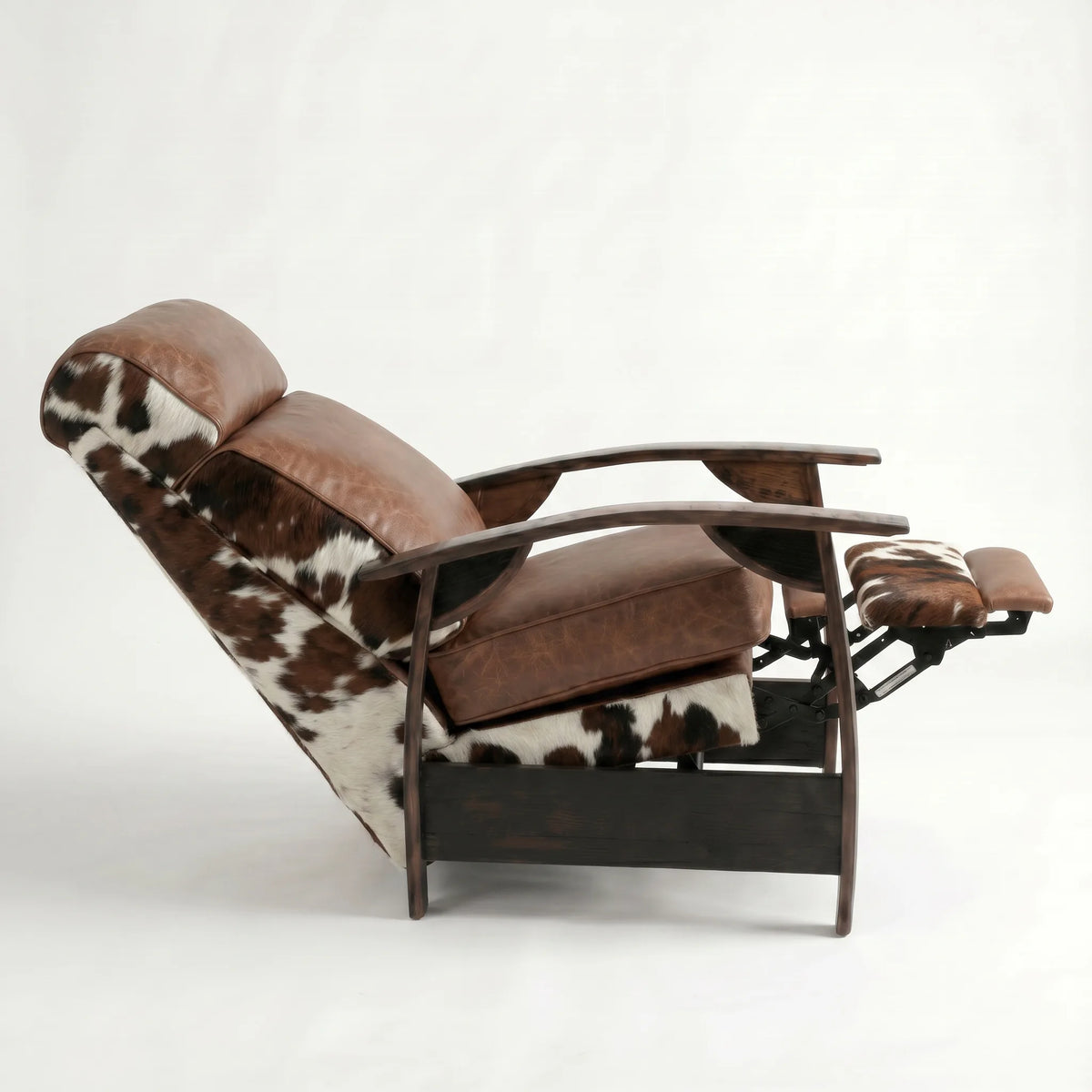 Side view of the tri-color cowhide whiskey barrel recliner fully reclined, on a white background