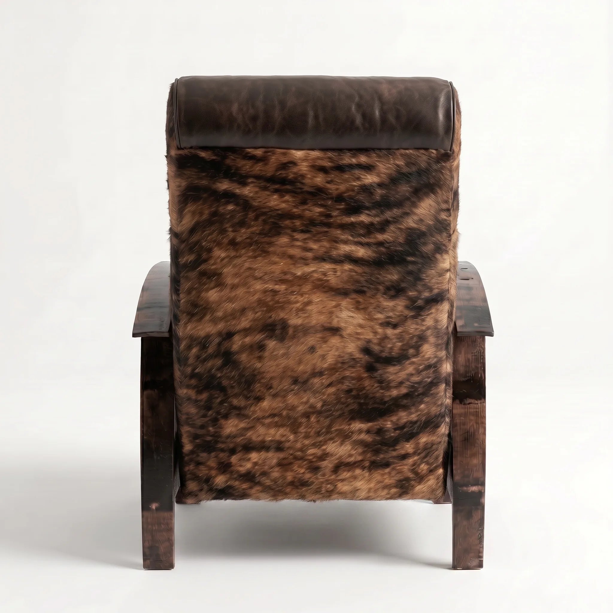 Rear view of the Big & Tall brindle cowhide whiskey barrel recliner showing the back panel, on a white background