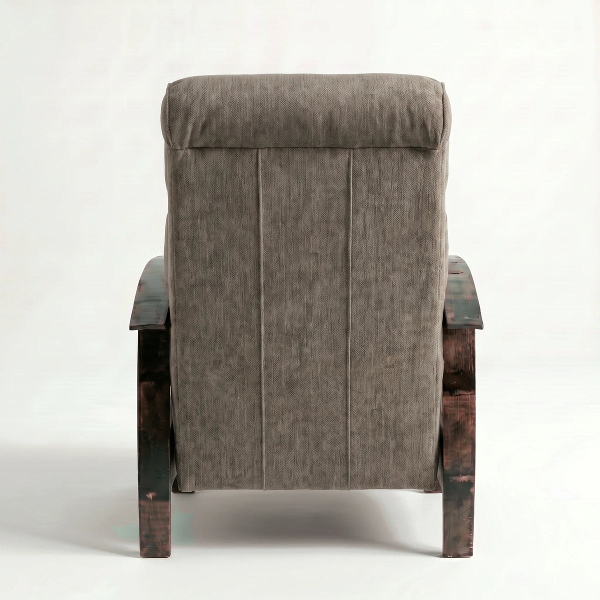 Rear view of the Extra Tall coffee brown plush fabric whiskey barrel recliner showing the back panel, on a white background