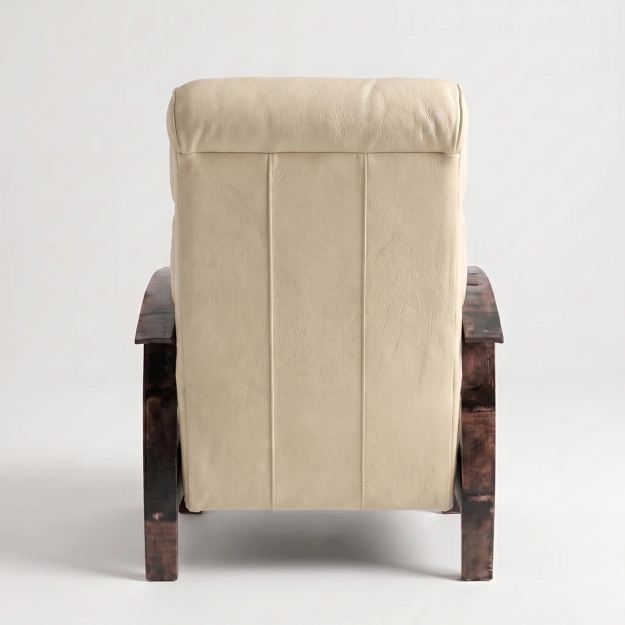 Rear view of the Big & Tall cream ivory leather whiskey barrel recliner showing the back panel, on a white background