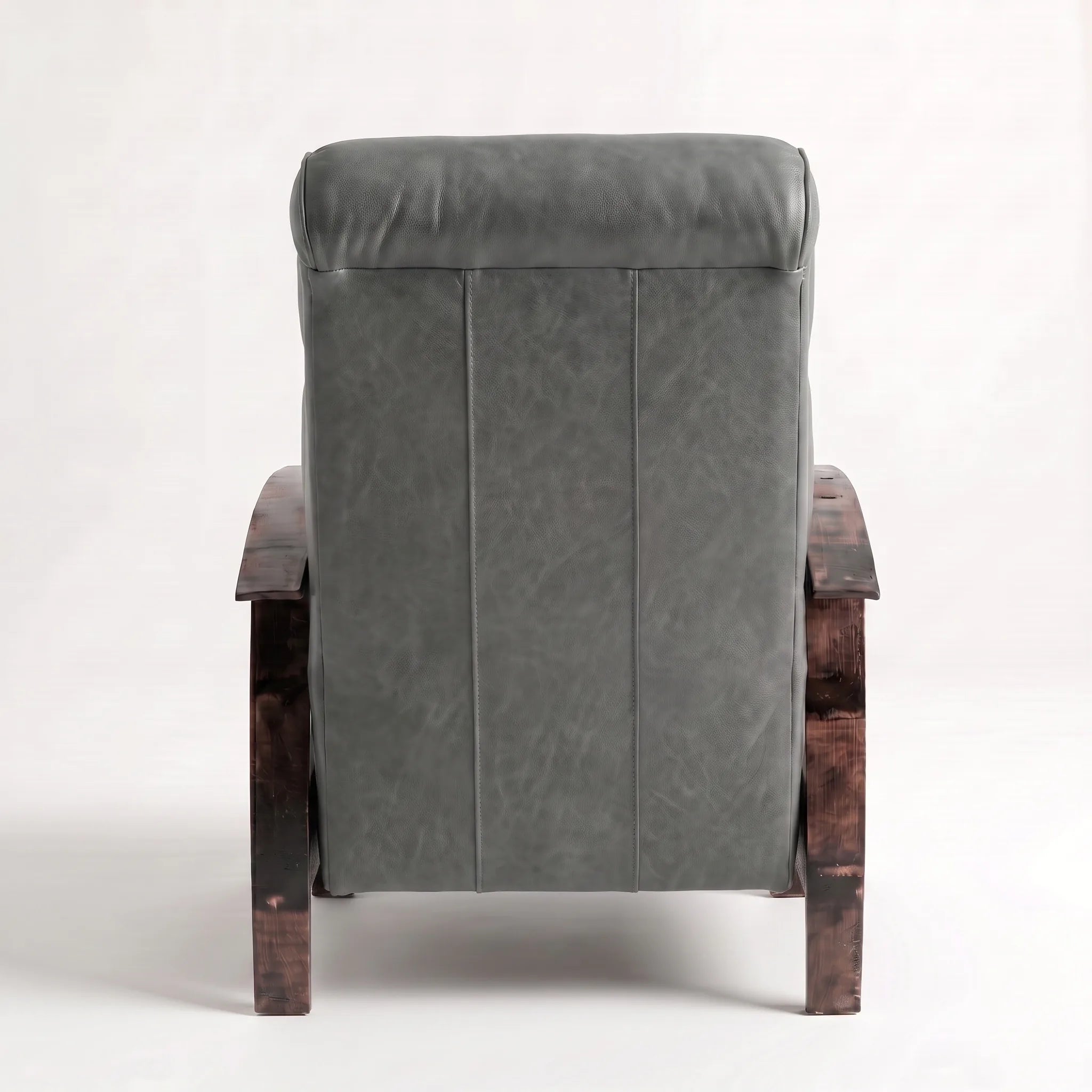 Rear view of the Big & Tall slate gray leather whiskey barrel recliner showing the back panel, on a white background