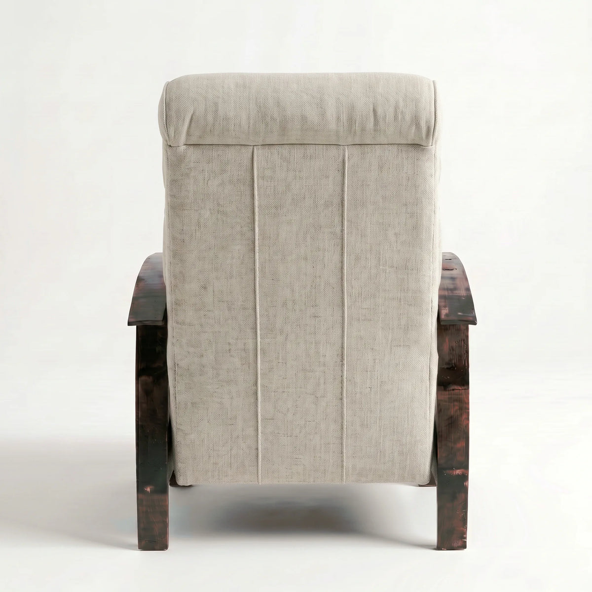 Rear view of the Extra Tall oatmeal gray plush fabric whiskey barrel recliner showing the back panel, on a white background