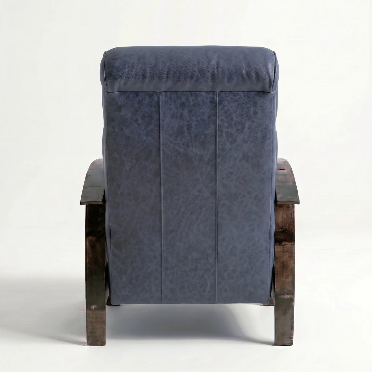 Rear view of the Extra Tall denim blue leather whiskey barrel recliner showing the back panel, on a white background