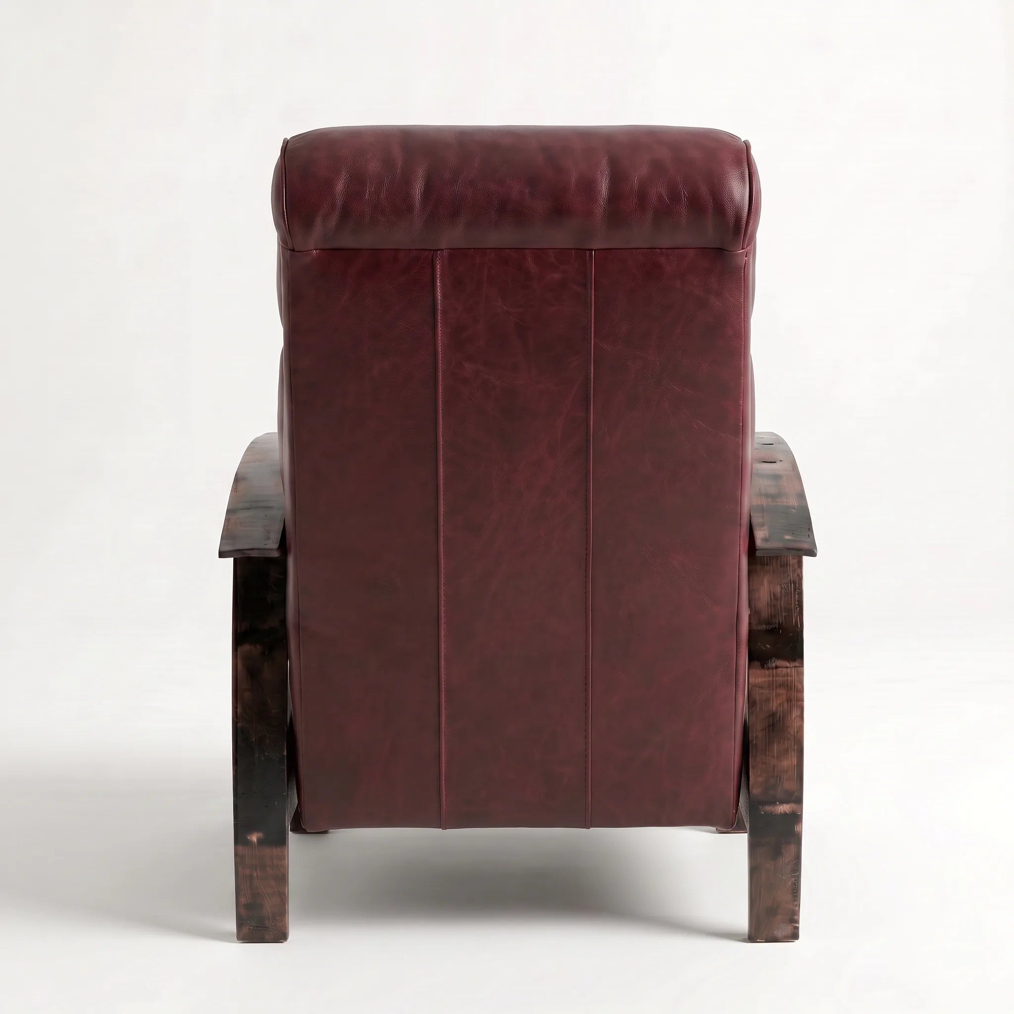 Rear view of the Big & Tall oxblood leather whiskey barrel recliner showing the back panel, on a white background