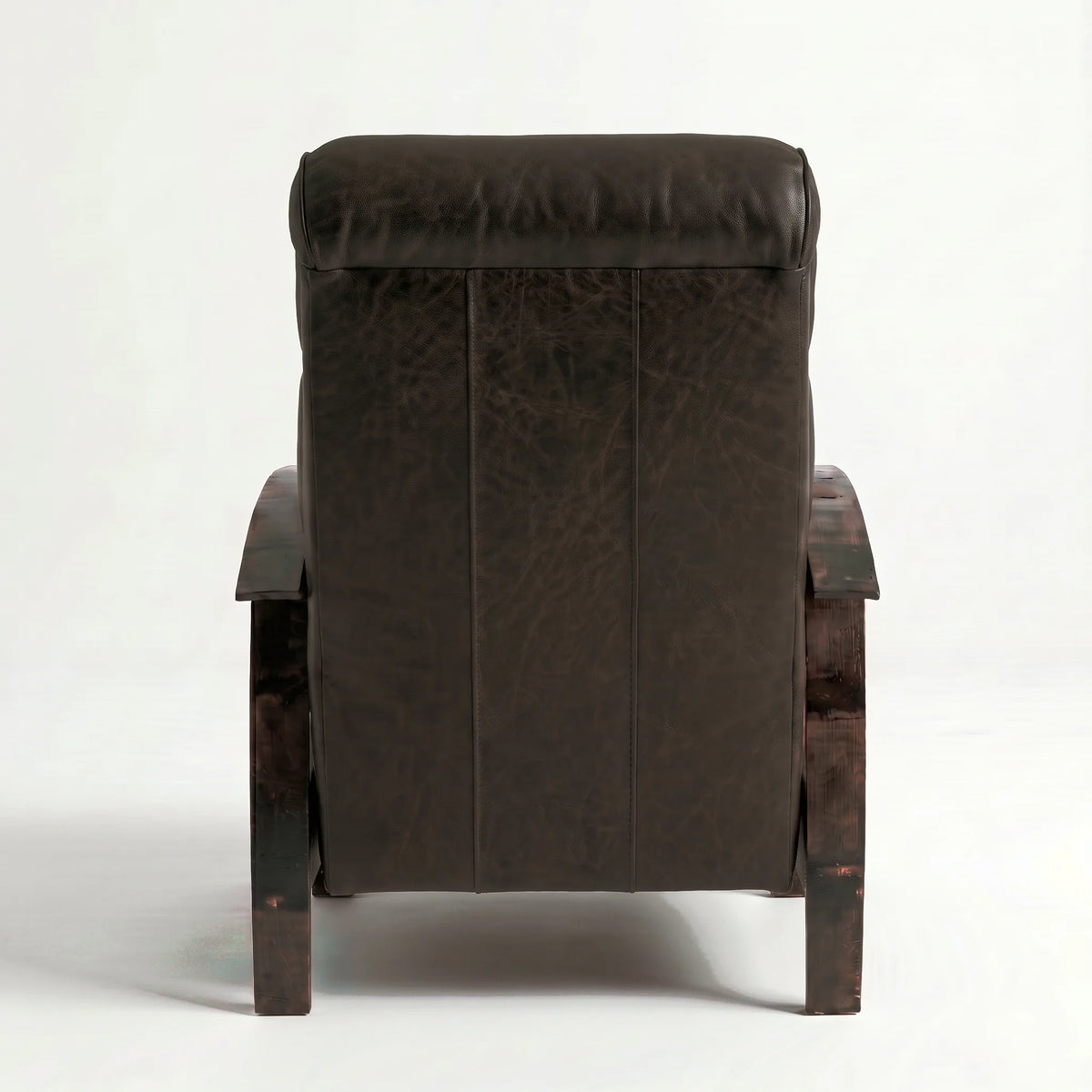 Rear view of the Extra Tall cognac brown leather whiskey barrel recliner showing the back panel, on a white background