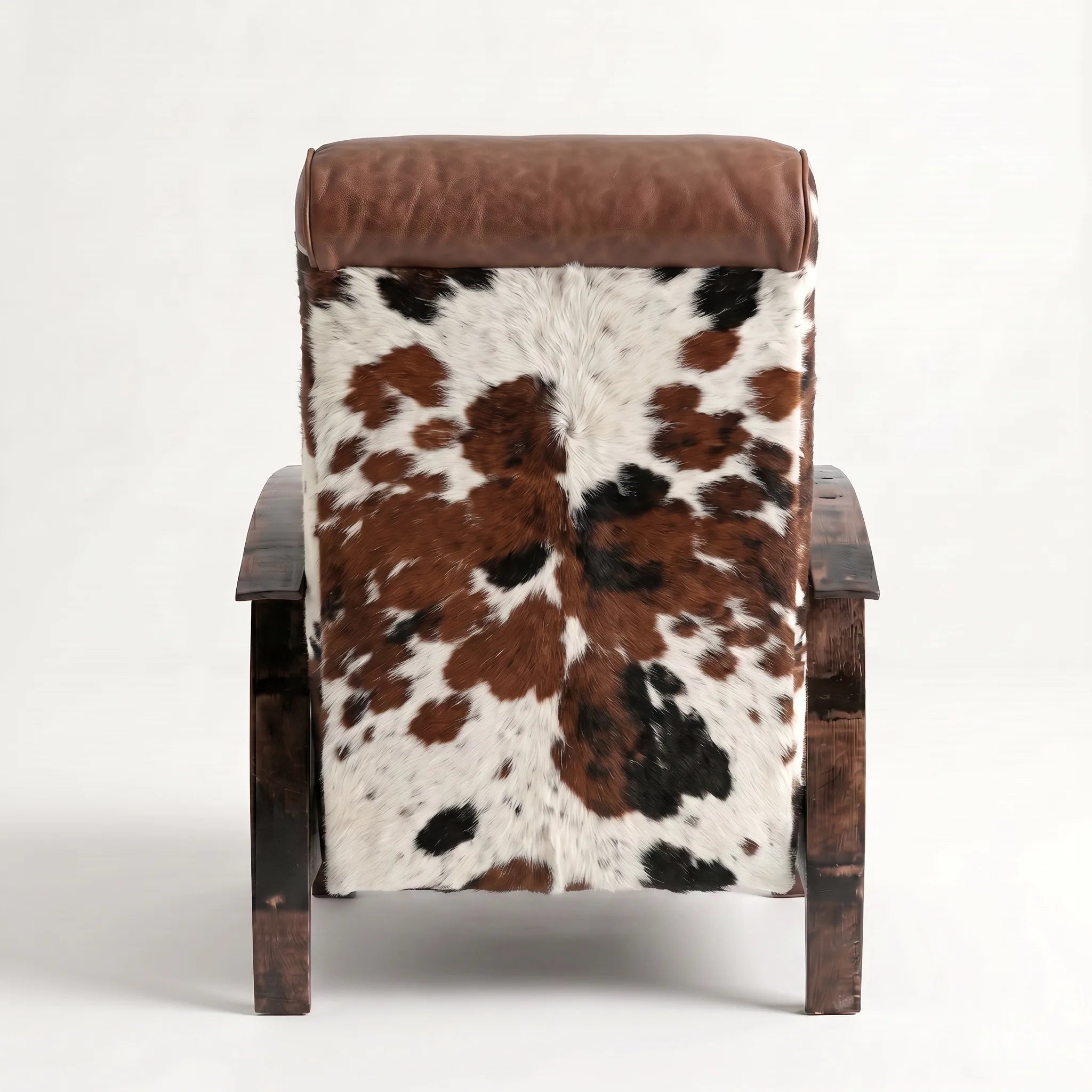 Rear view of the Big & Tall tri-color cowhide whiskey barrel recliner showing the back panel, on a white background