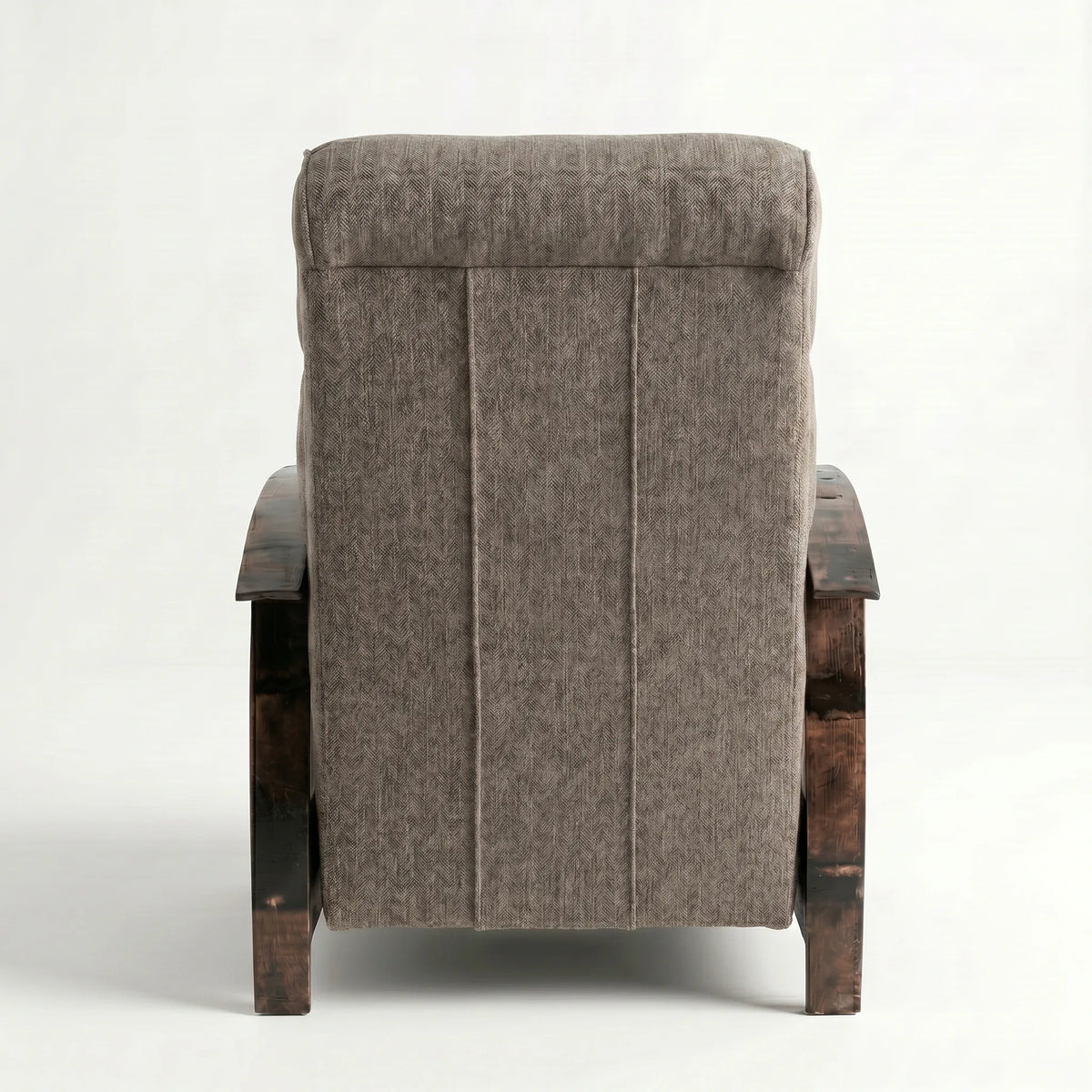 Rear view of the coffee brown plush fabric whiskey barrel recliner showing the back panel, on a white background