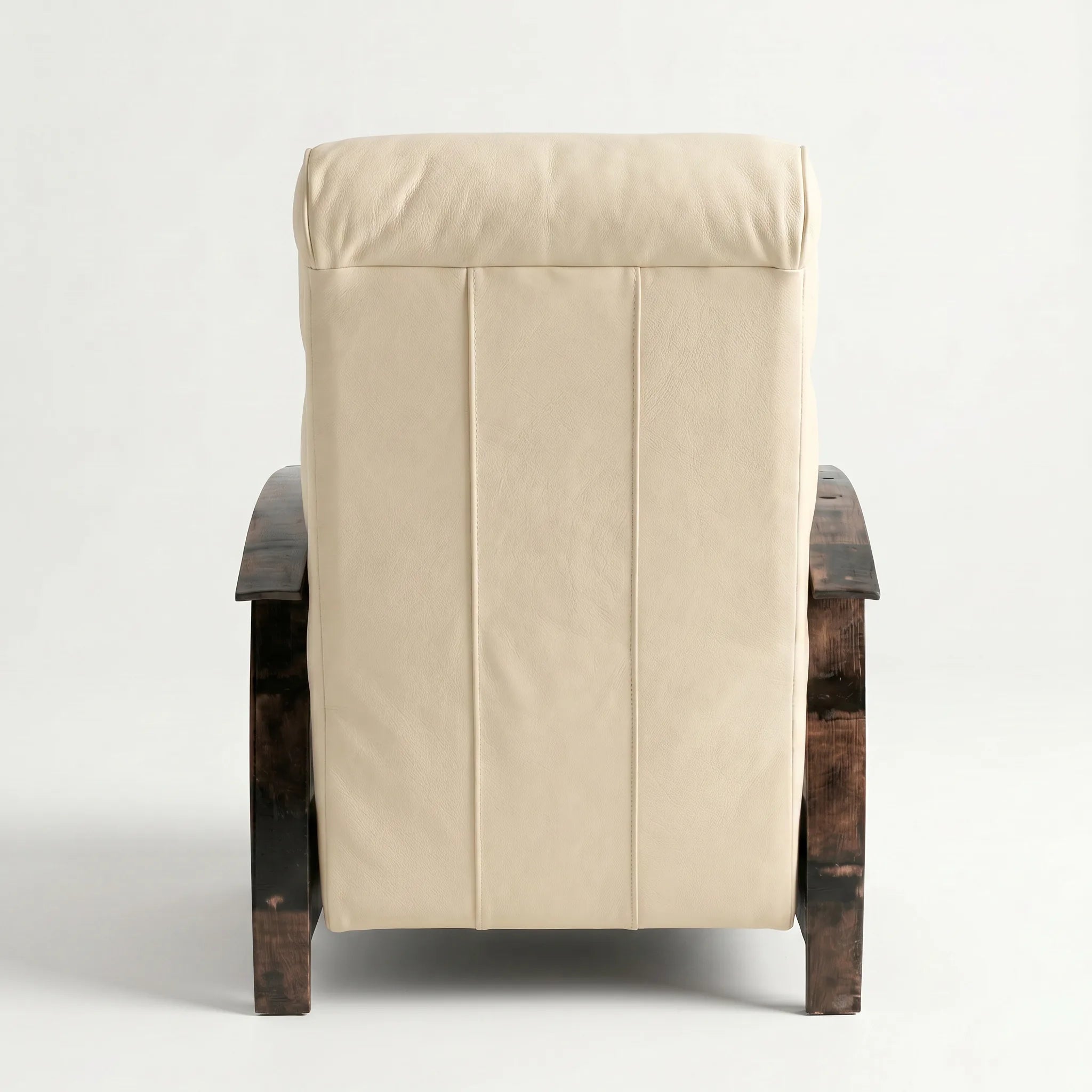 Rear view of the cream ivory leather whiskey barrel recliner showing the back panel, on a white background