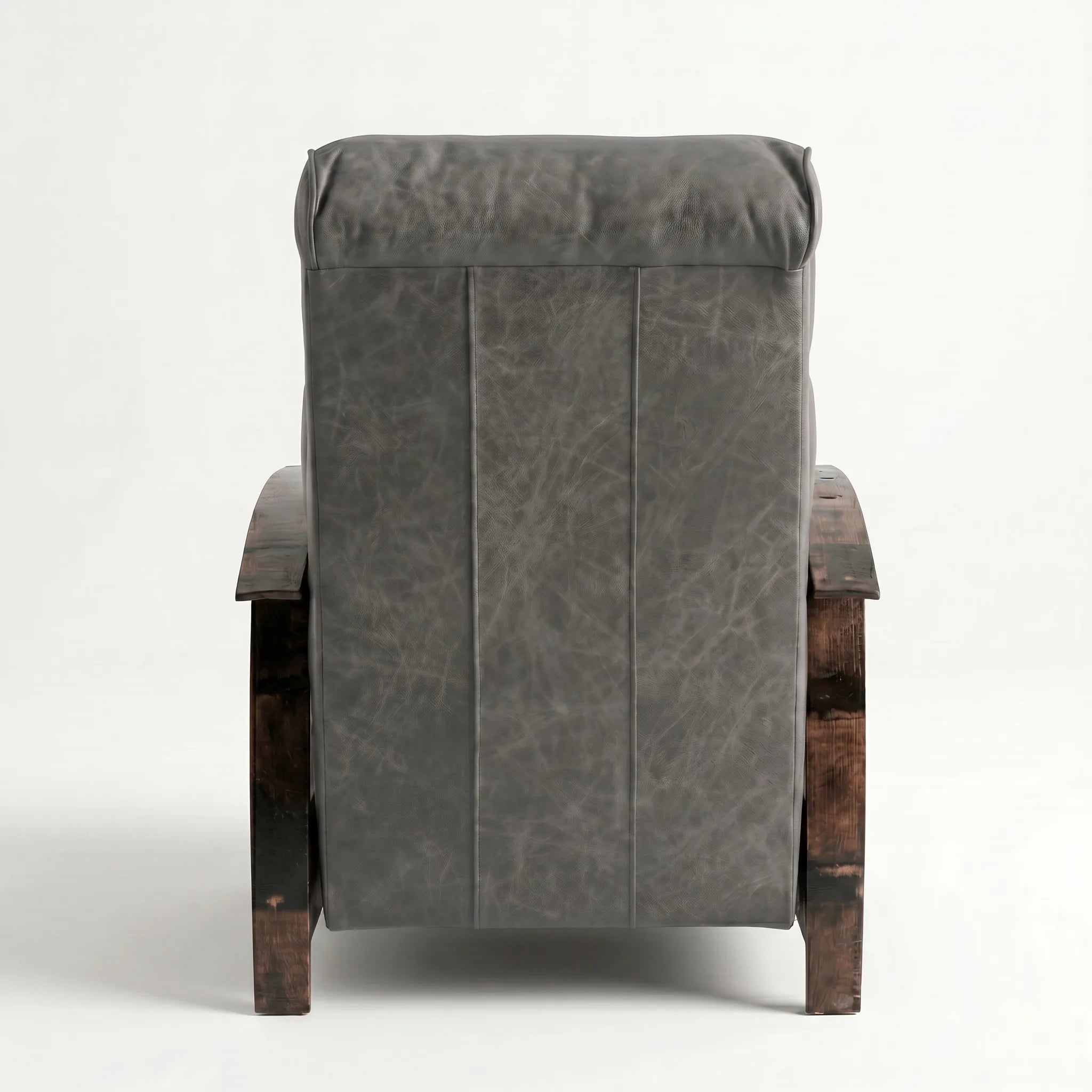 Rear view of the slate gray leather whiskey barrel recliner showing the back panel, on a white background